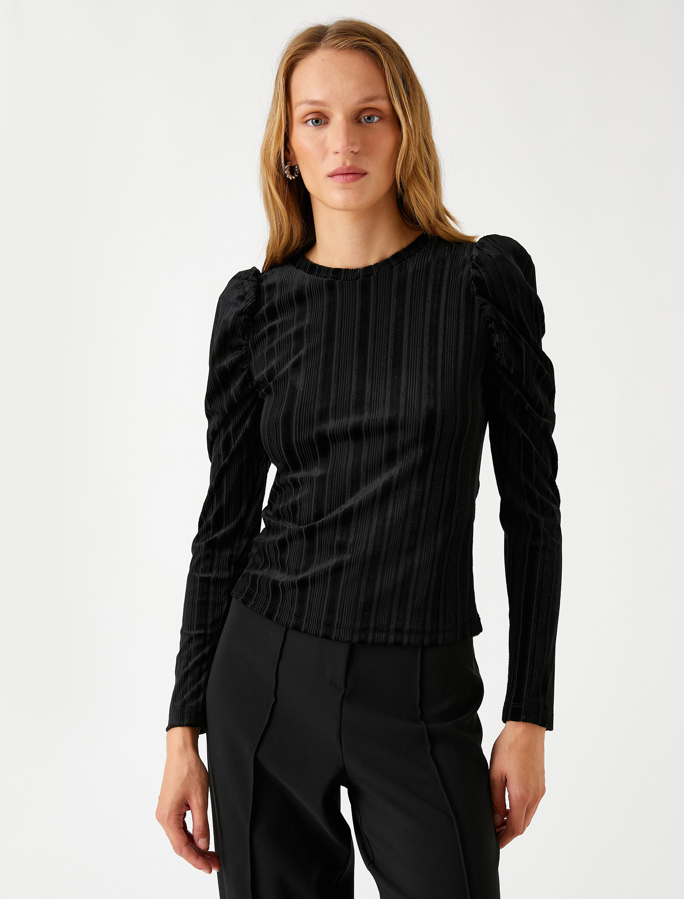   Kadife Bluz Vatkalı Bisiklet Yaka