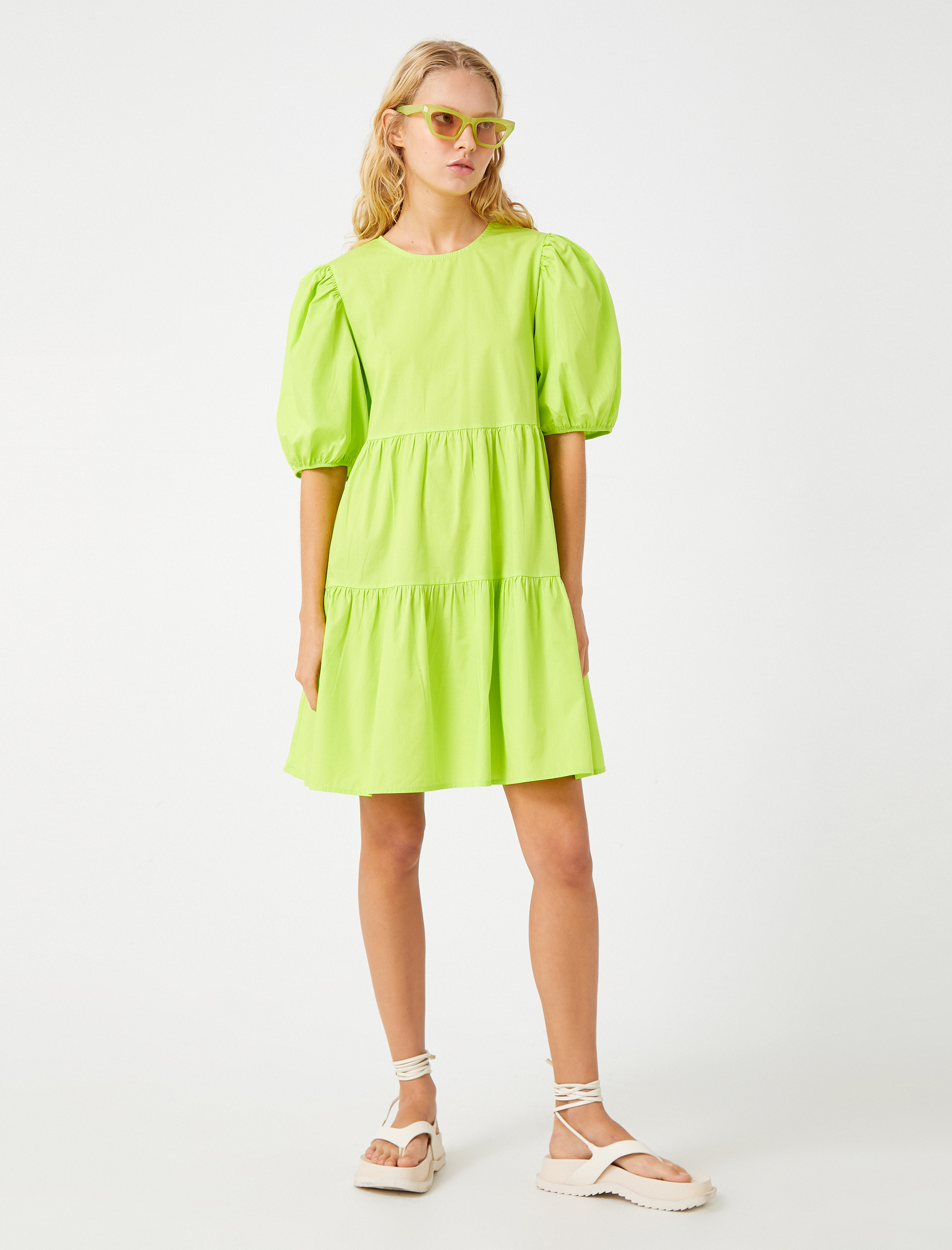   Balon Kol Elbise Bisiklet Yaka Fiyonk Detaylı