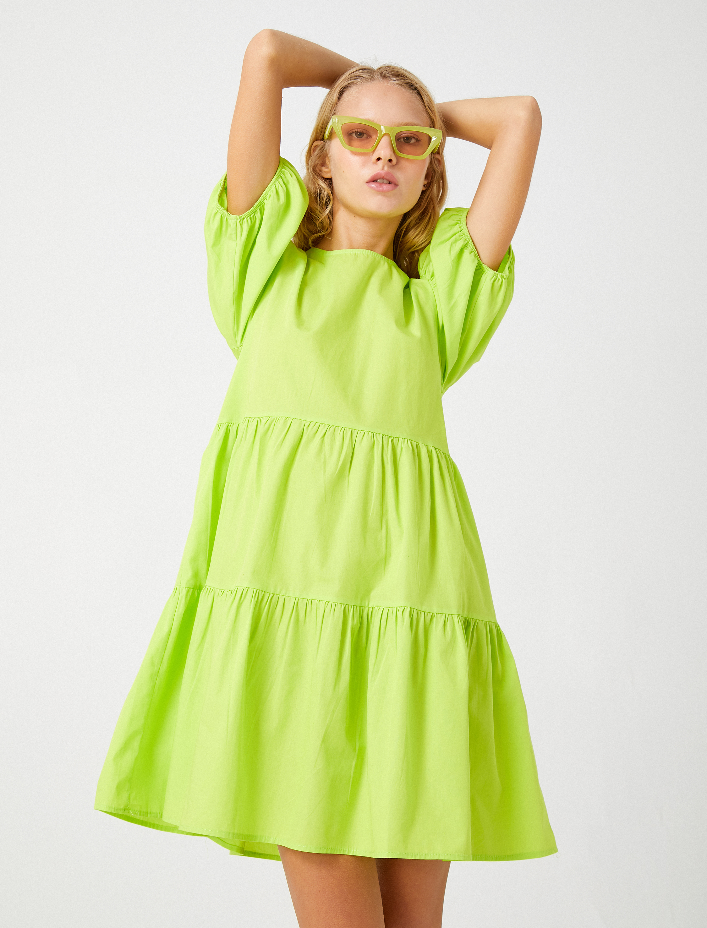   Balon Kol Elbise Bisiklet Yaka Fiyonk Detaylı