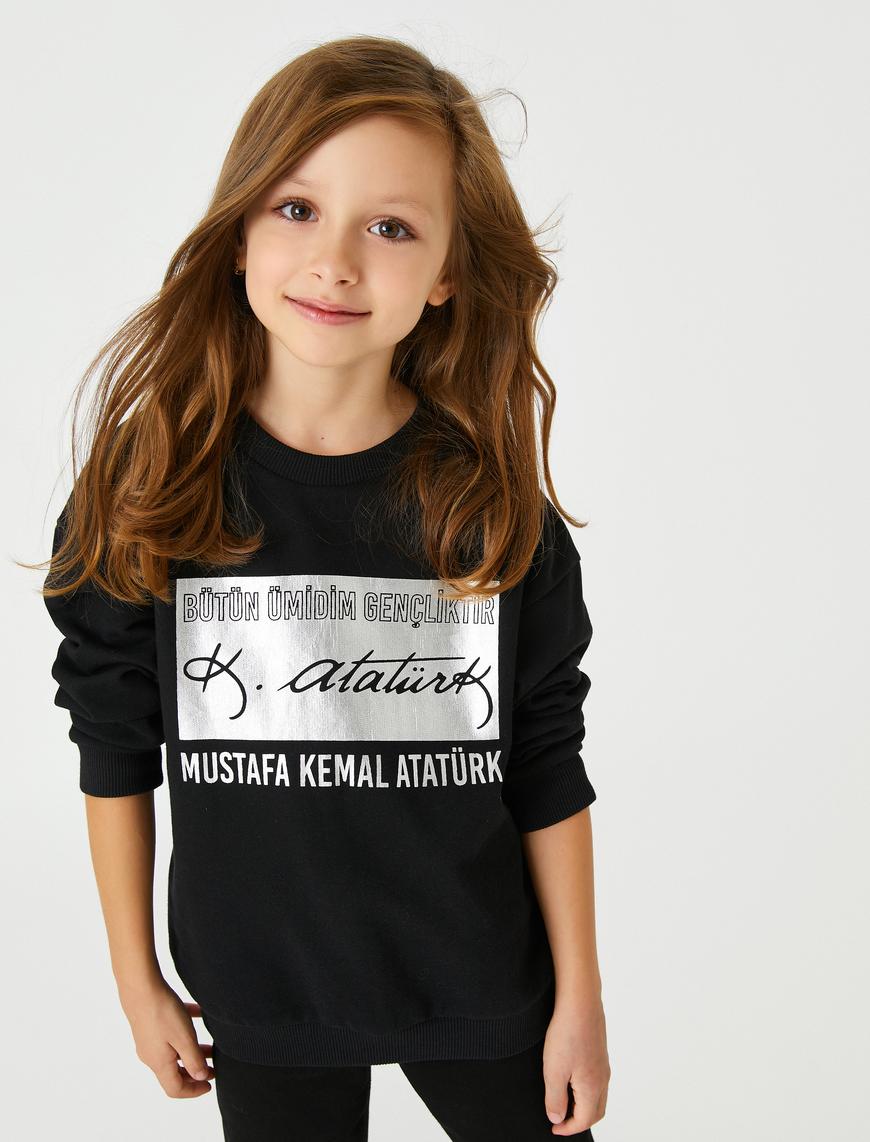  Kız Çocuk Atatürk İmzalı Baskılı Sweatshirt Pamuklu