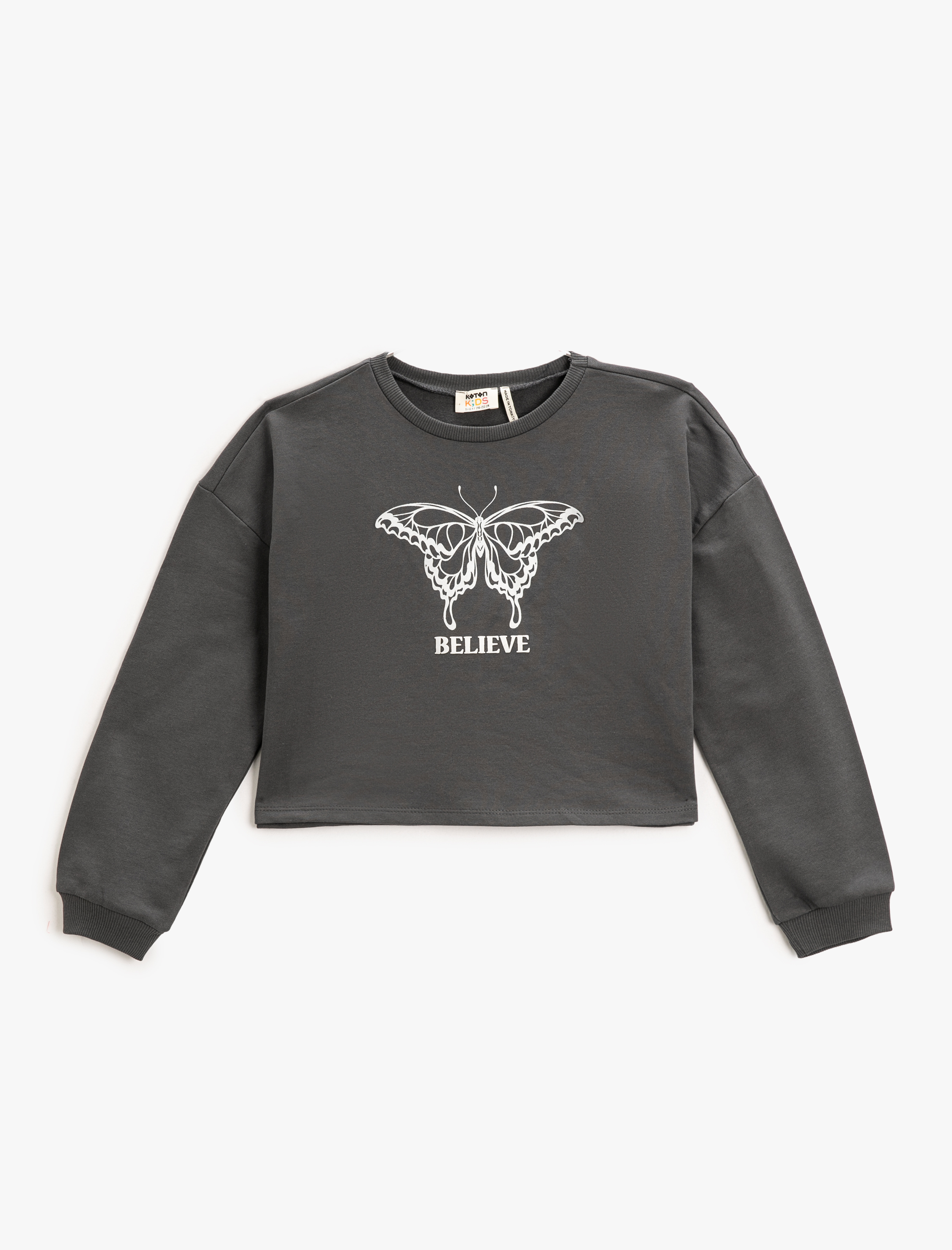  Kız Çocuk Crop Sweatshirt Baskılı Bisiklet Yaka