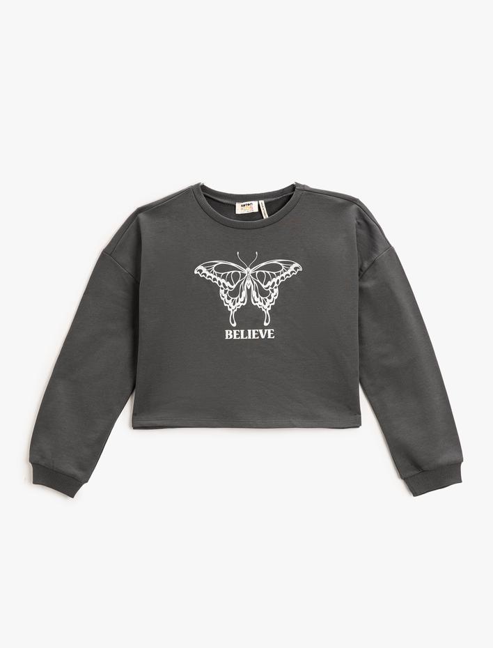 Kız Çocuk Crop Sweatshirt Baskılı Bisiklet Yaka