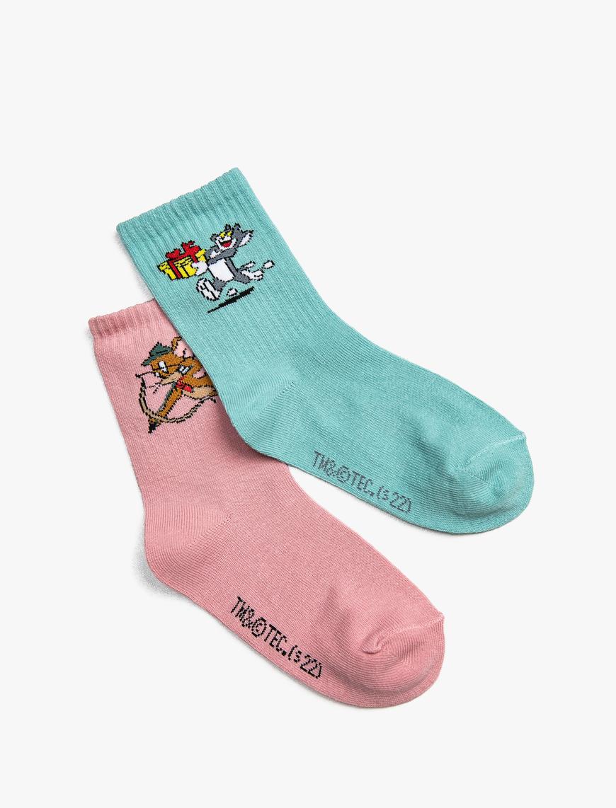  Kız Çocuk 2'li Bugs Tom ve Jerry Baskılı Çorap Lisanslı