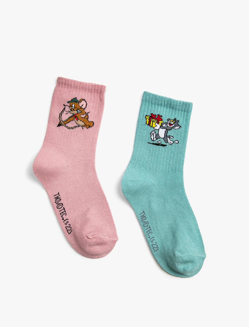  Kız Çocuk 2'li Bugs Tom ve Jerry Baskılı Çorap Lisanslı