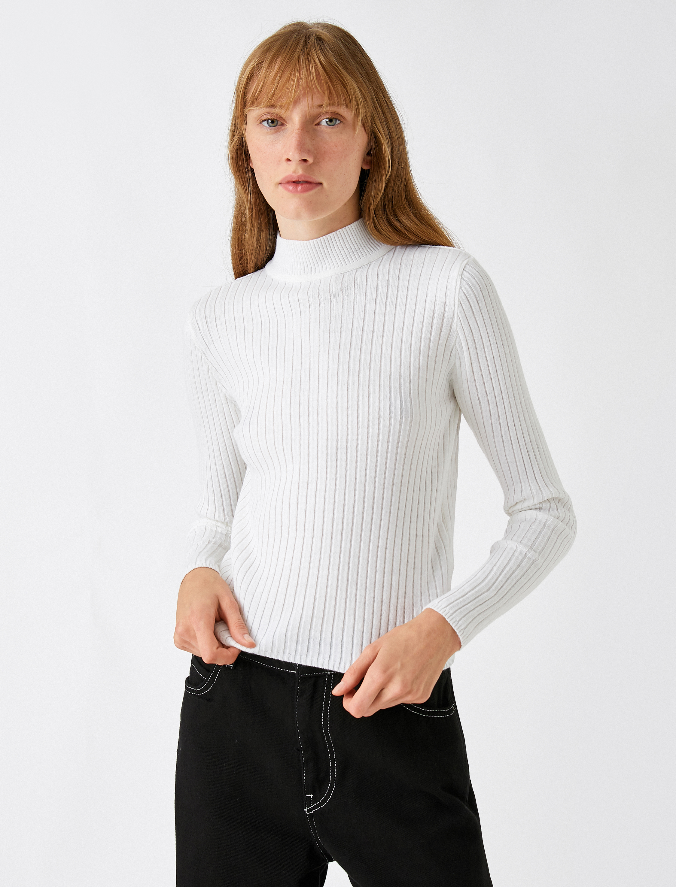   Ribanalı Triko Kazak Dik Yaka Kaşmir Dokulu