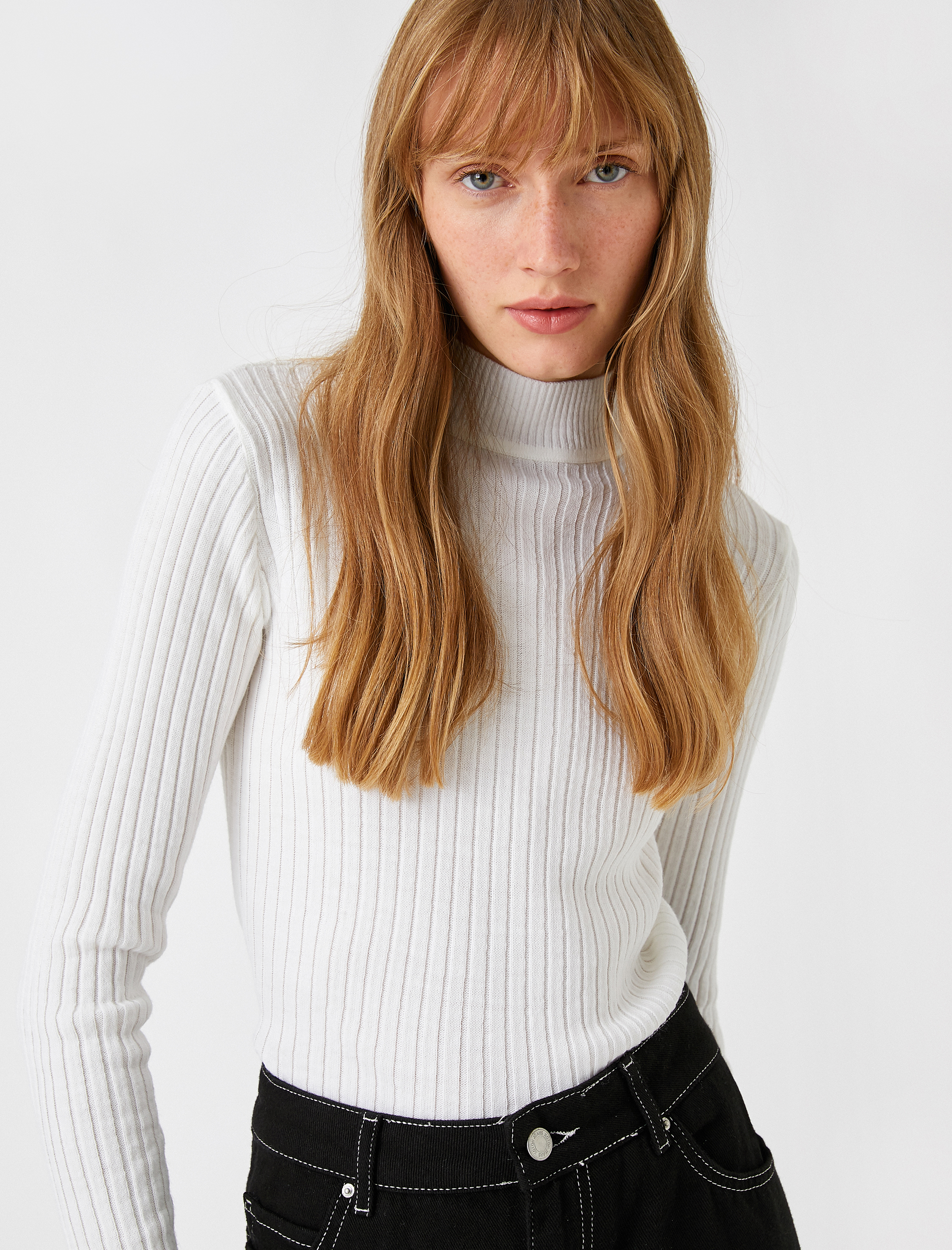   Ribanalı Triko Kazak Dik Yaka Kaşmir Dokulu