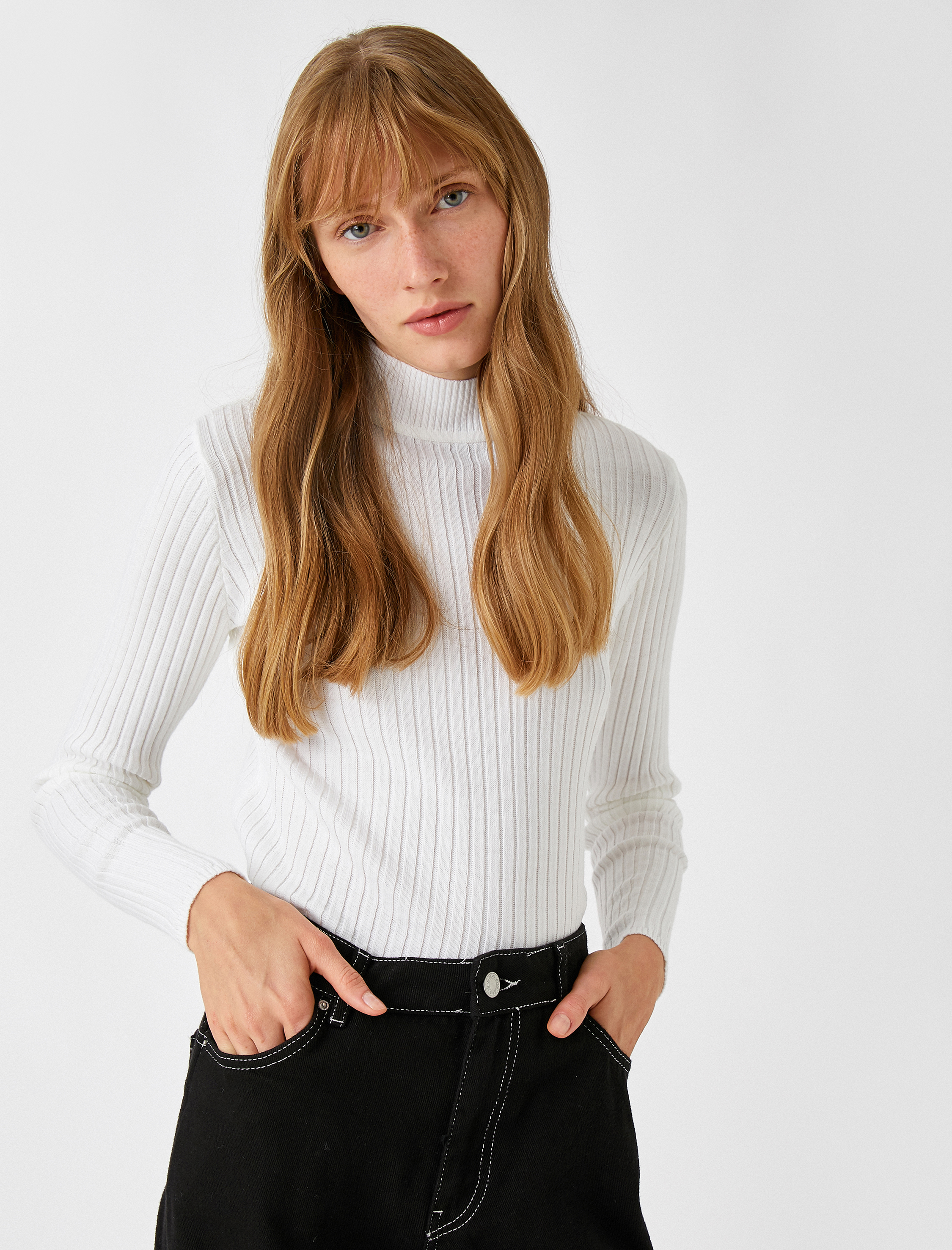   Ribanalı Triko Kazak Dik Yaka Kaşmir Dokulu