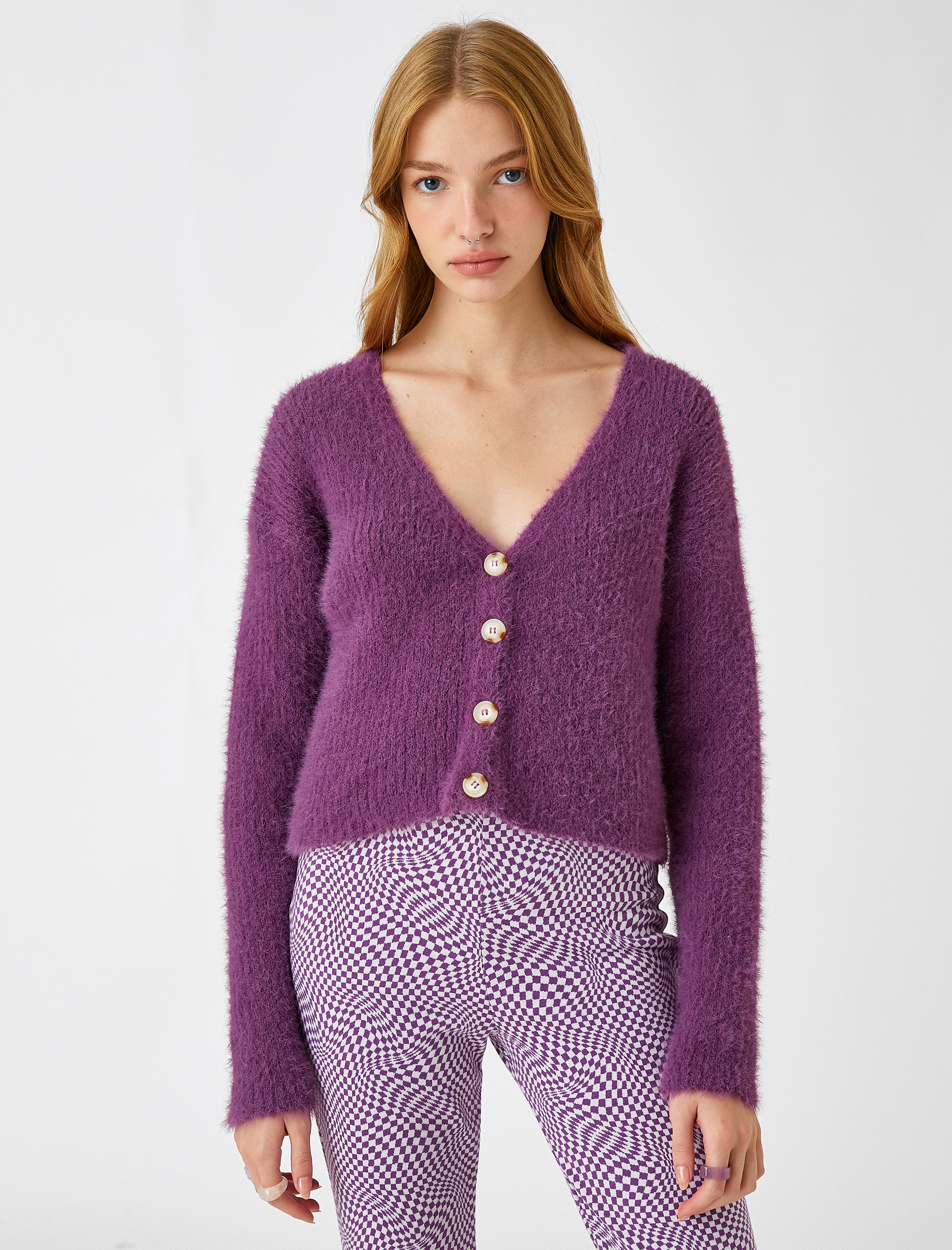   Crop Hırka V Yaka Uzun Kollu