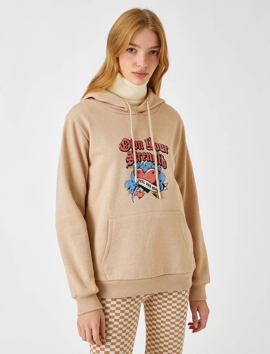   Sweatshirt Kapüşonlu Baskılı Cep Detaylı İçi Polarlı