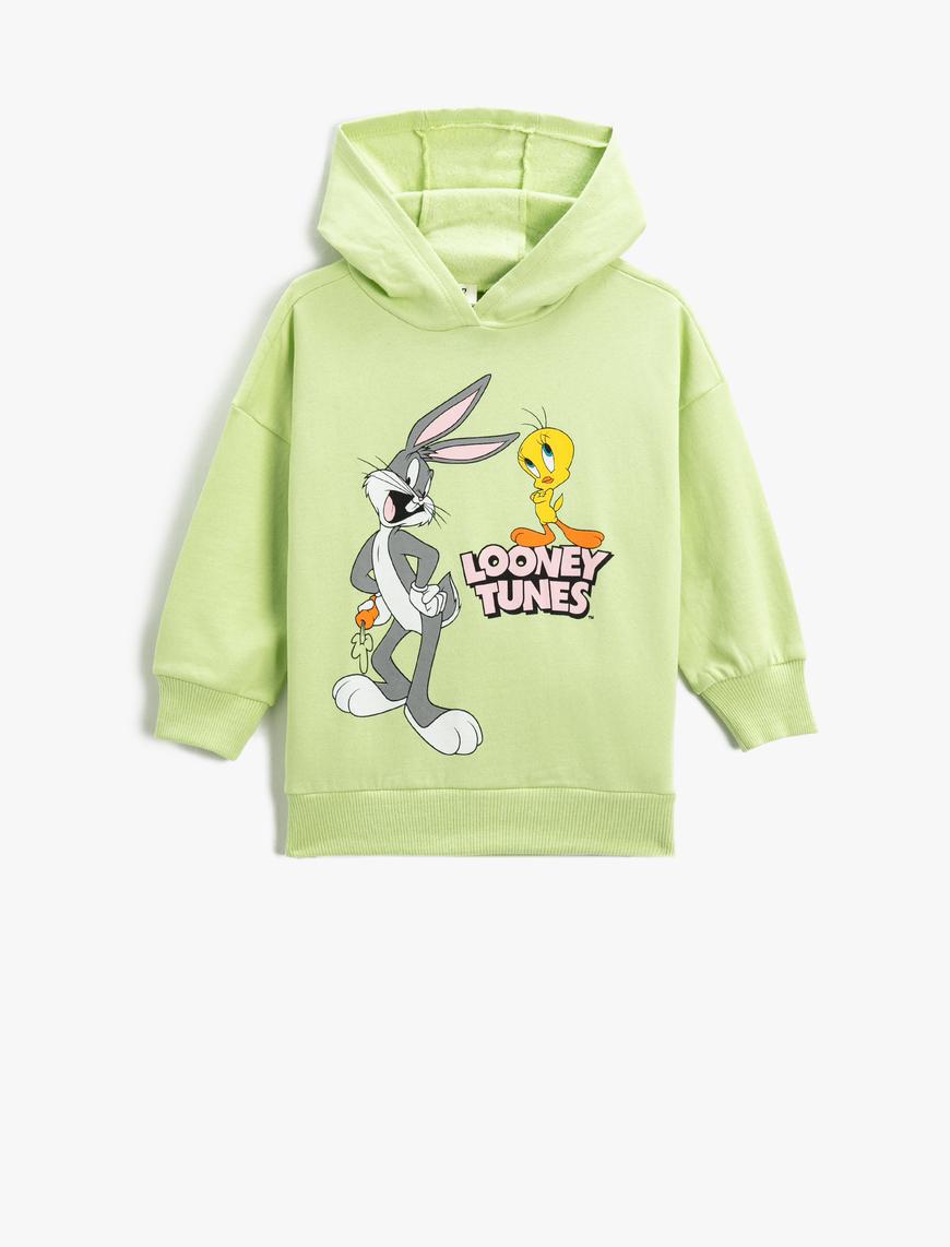  Kız Çocuk Bugs Bunny ve Tweety Baskılı Kapüşonlu Sweatshirt Lisanslı
