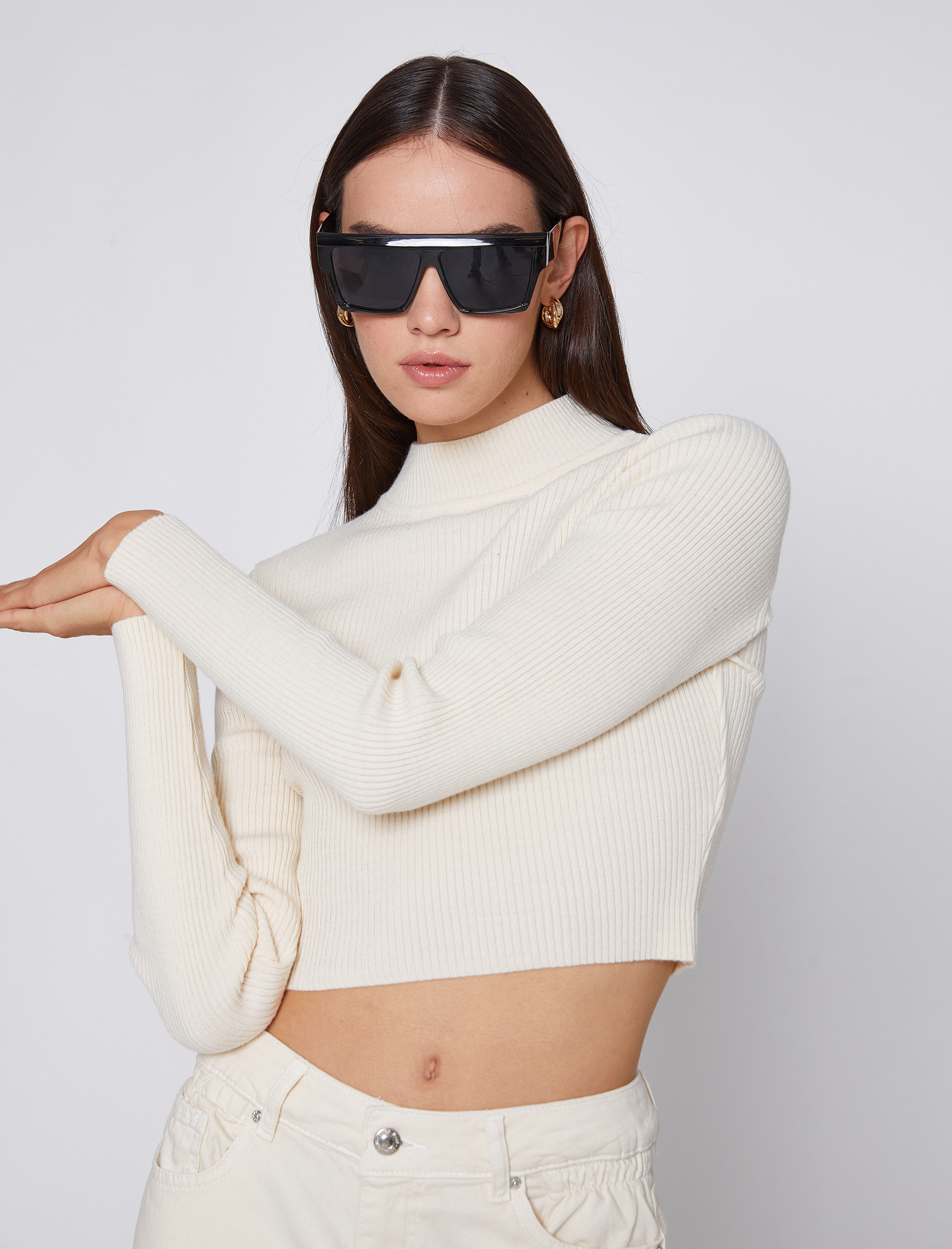   Crop Triko Kazak Dik Yaka Ribanalı Kaşmir Dokulu