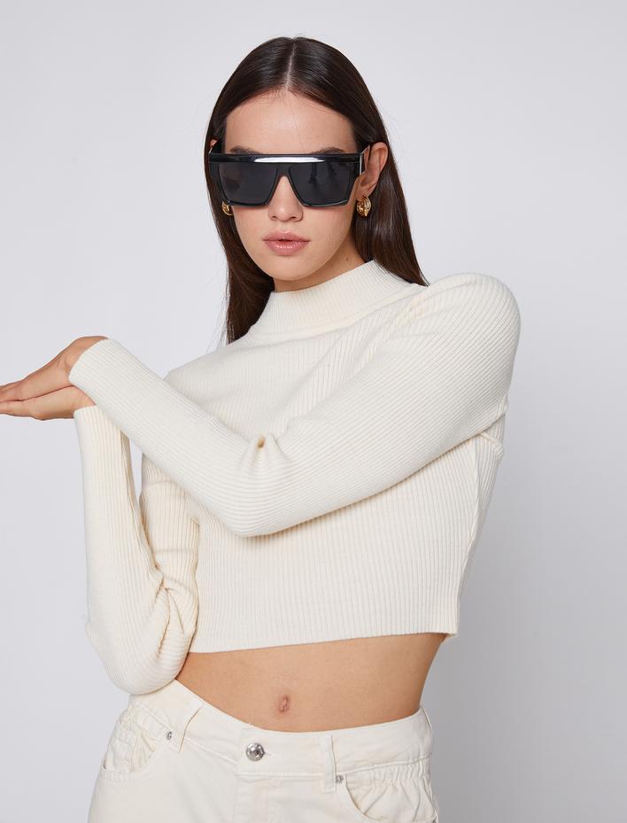  Crop Triko Kazak Dik Yaka Ribanalı Kaşmir Dokulu