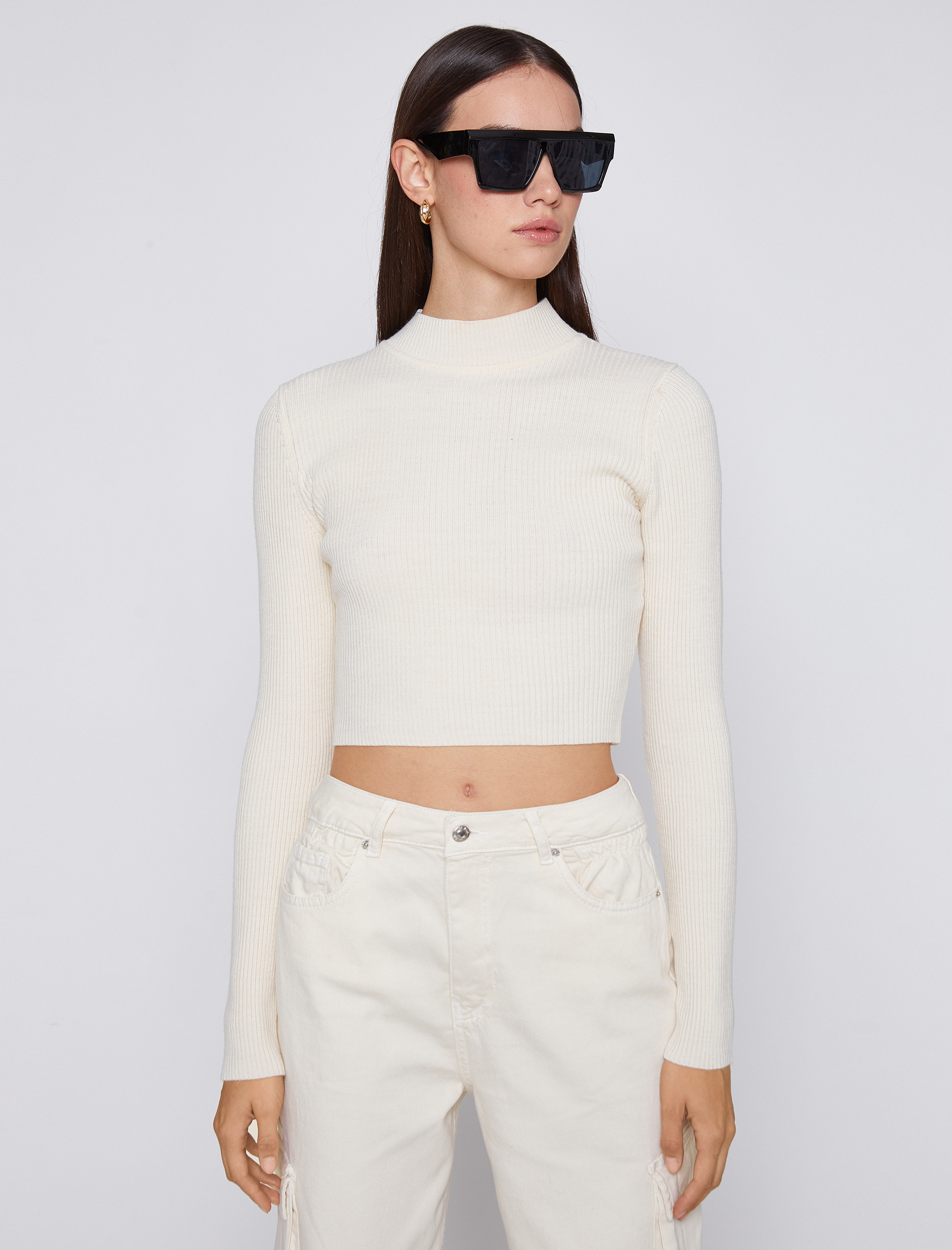   Crop Triko Kazak Dik Yaka Ribanalı Kaşmir Dokulu