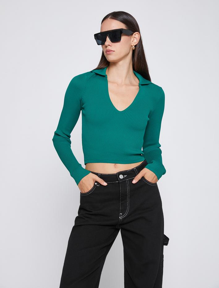  Polo Yaka Crop Triko Kazak Uzun Kollu