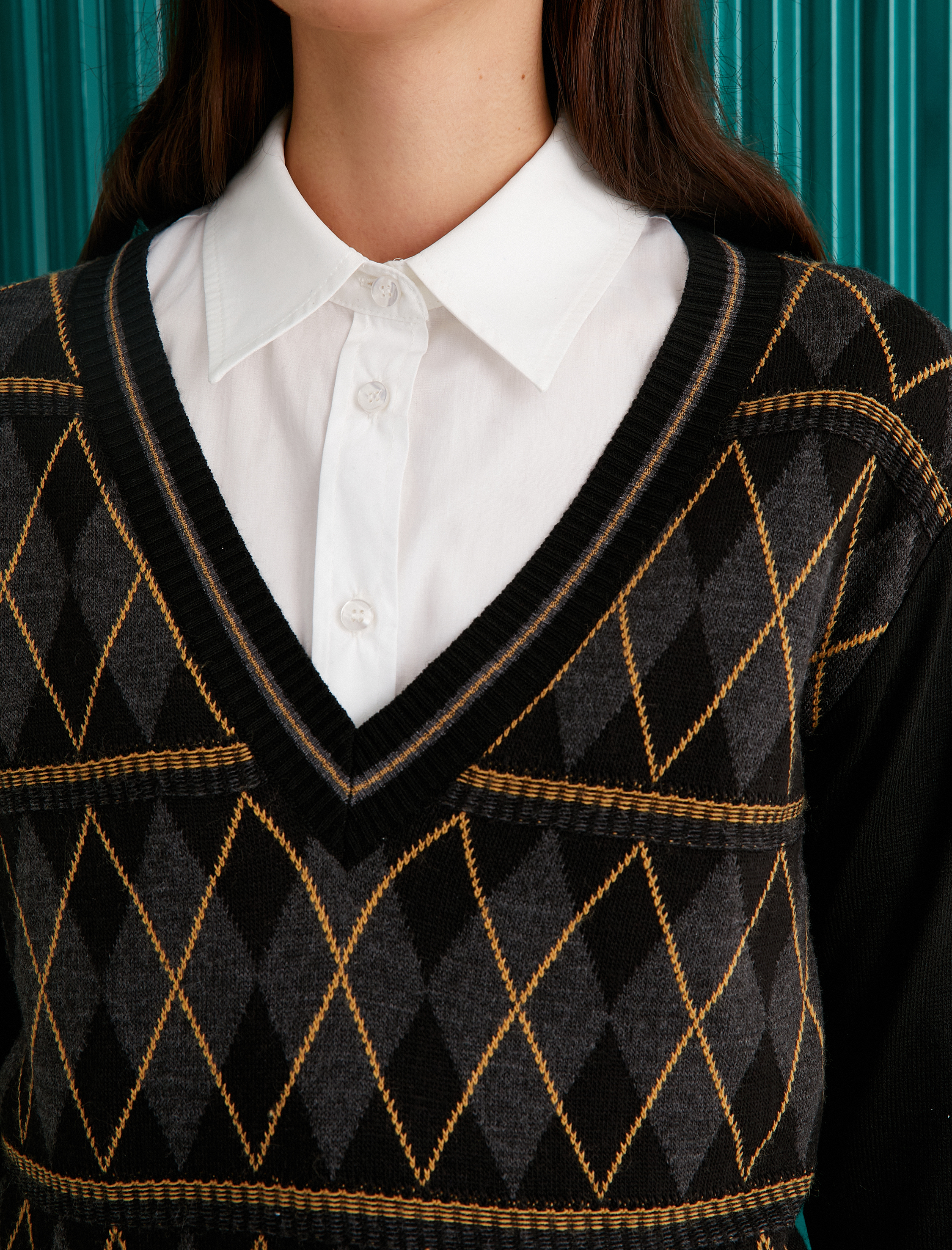 Baklava Desenli Triko Kazak V Yaka Kaşmir Dokulu