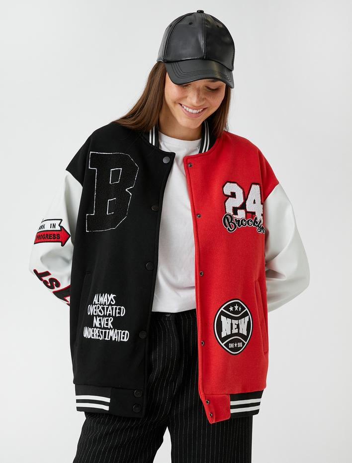  Oversize Pilot Ceket Baskılı İşlemeli İçi Polarlı