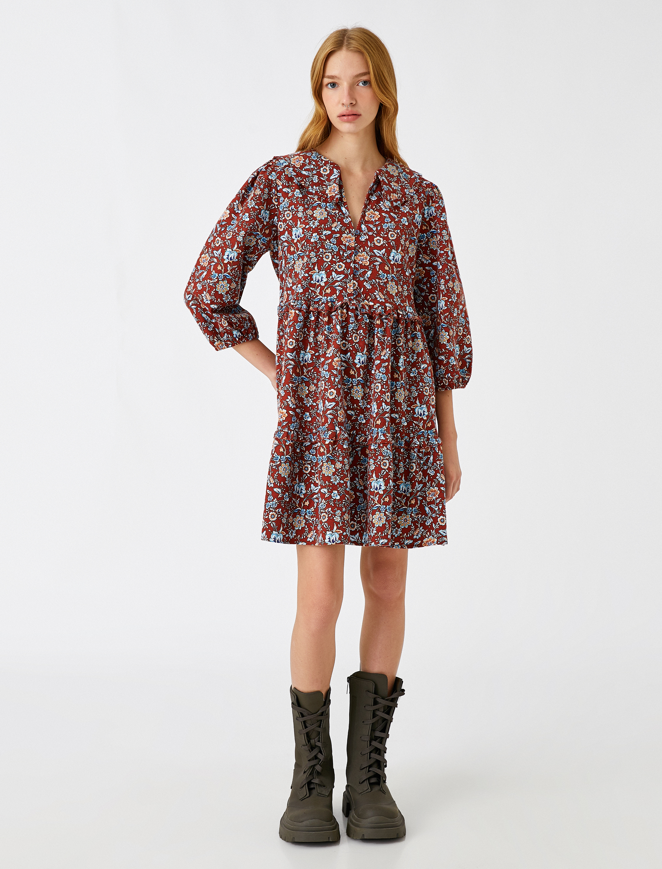   Volanlı Kısa Kışlık Elbise Balon Kollu