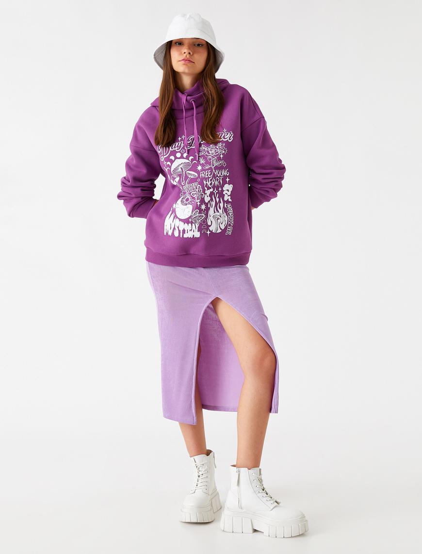   Oversize Sweatshirt Baskılı Kapüşonlu İçi Polarlı