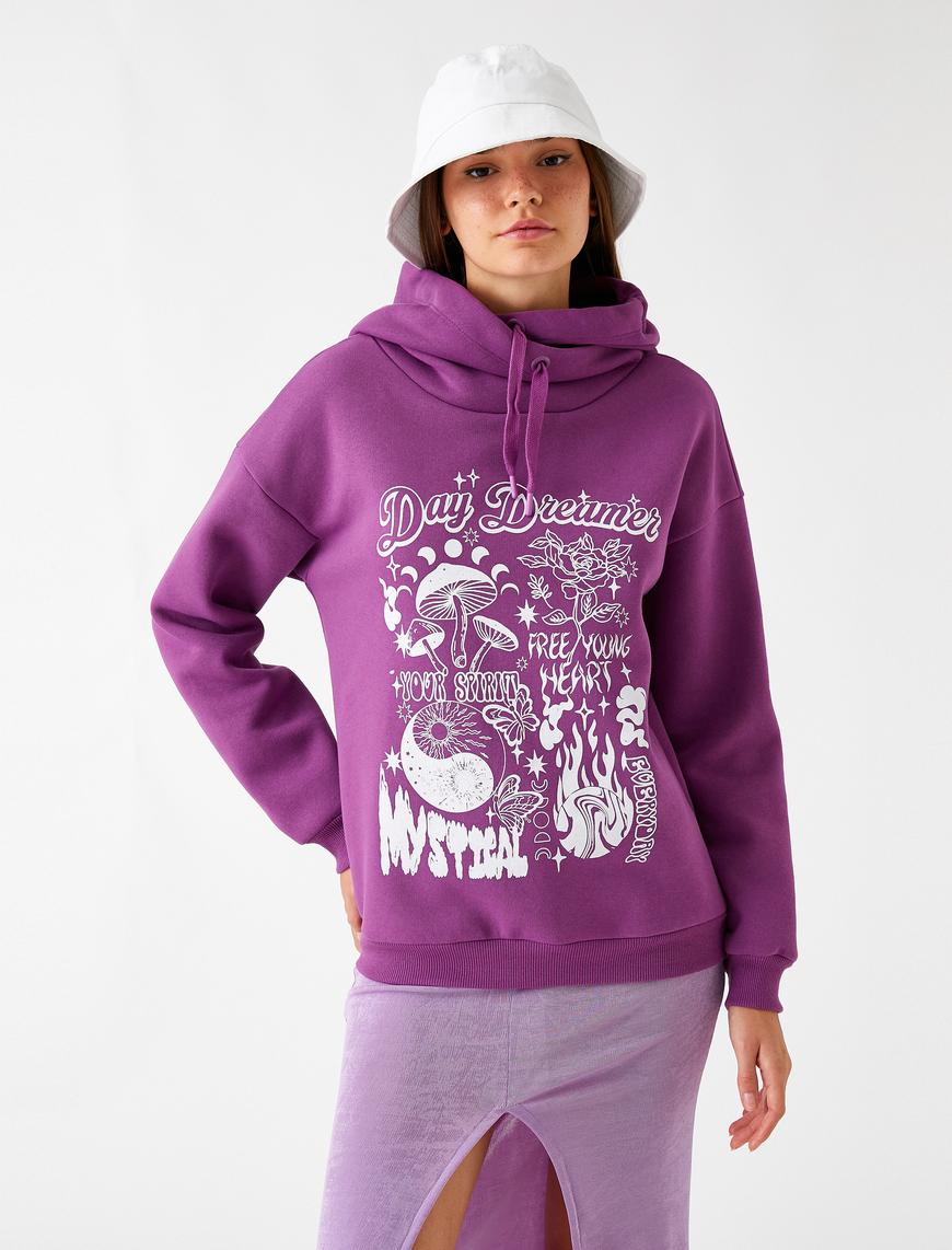   Oversize Sweatshirt Baskılı Kapüşonlu İçi Polarlı