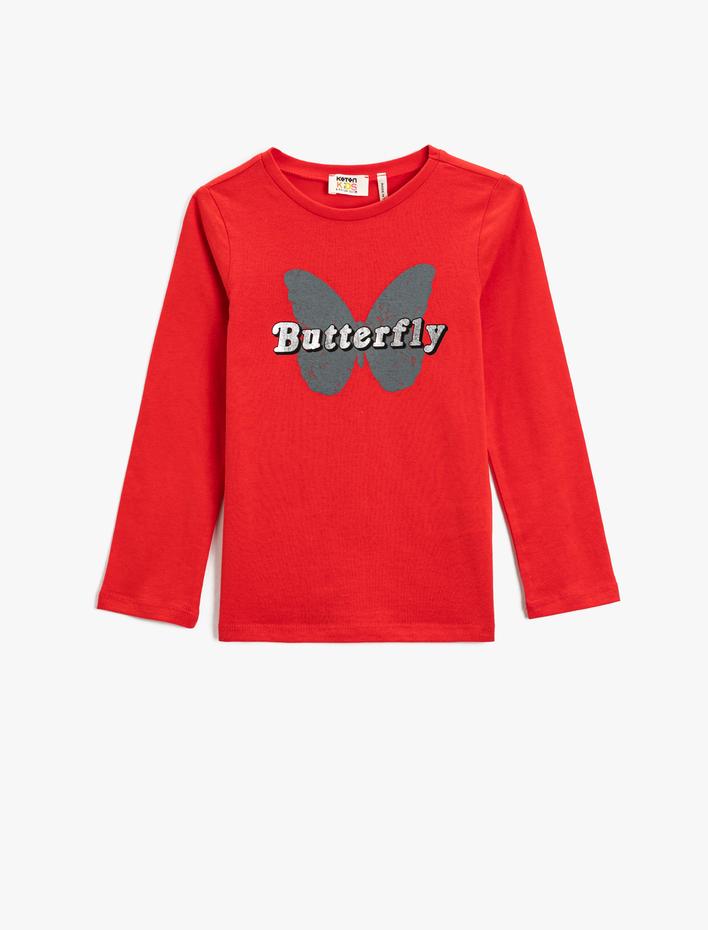 Kız Çocuk Kelebek Baskılı Parlak Uzun Kollu Tişört
