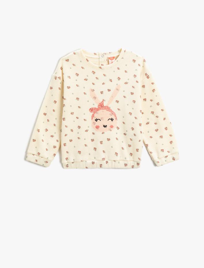 Kız Bebek Tavşan İşlemeli Çiçekli Sweatshirt Pamuklu