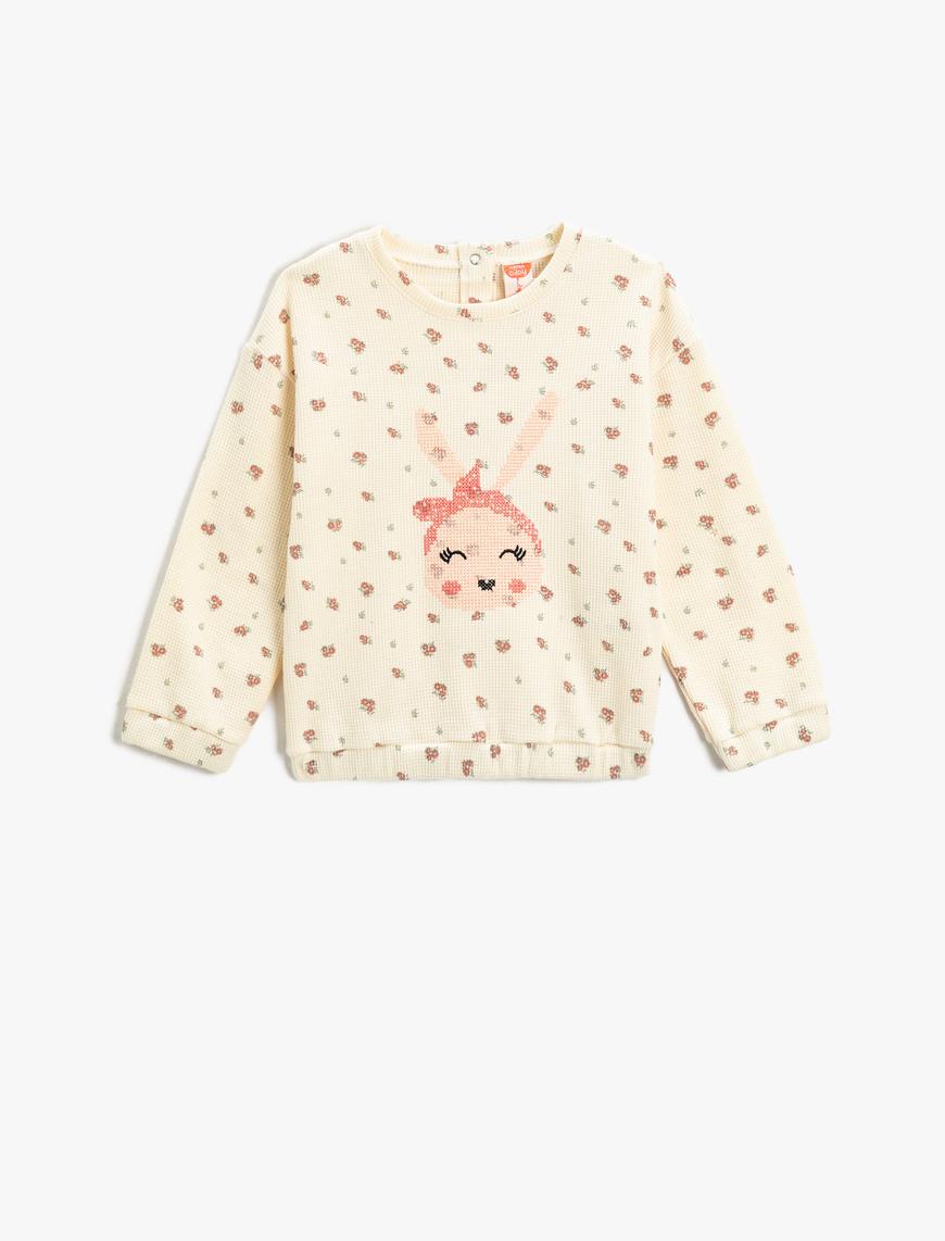  Kız Bebek Tavşan İşlemeli Çiçekli Sweatshirt Pamuklu