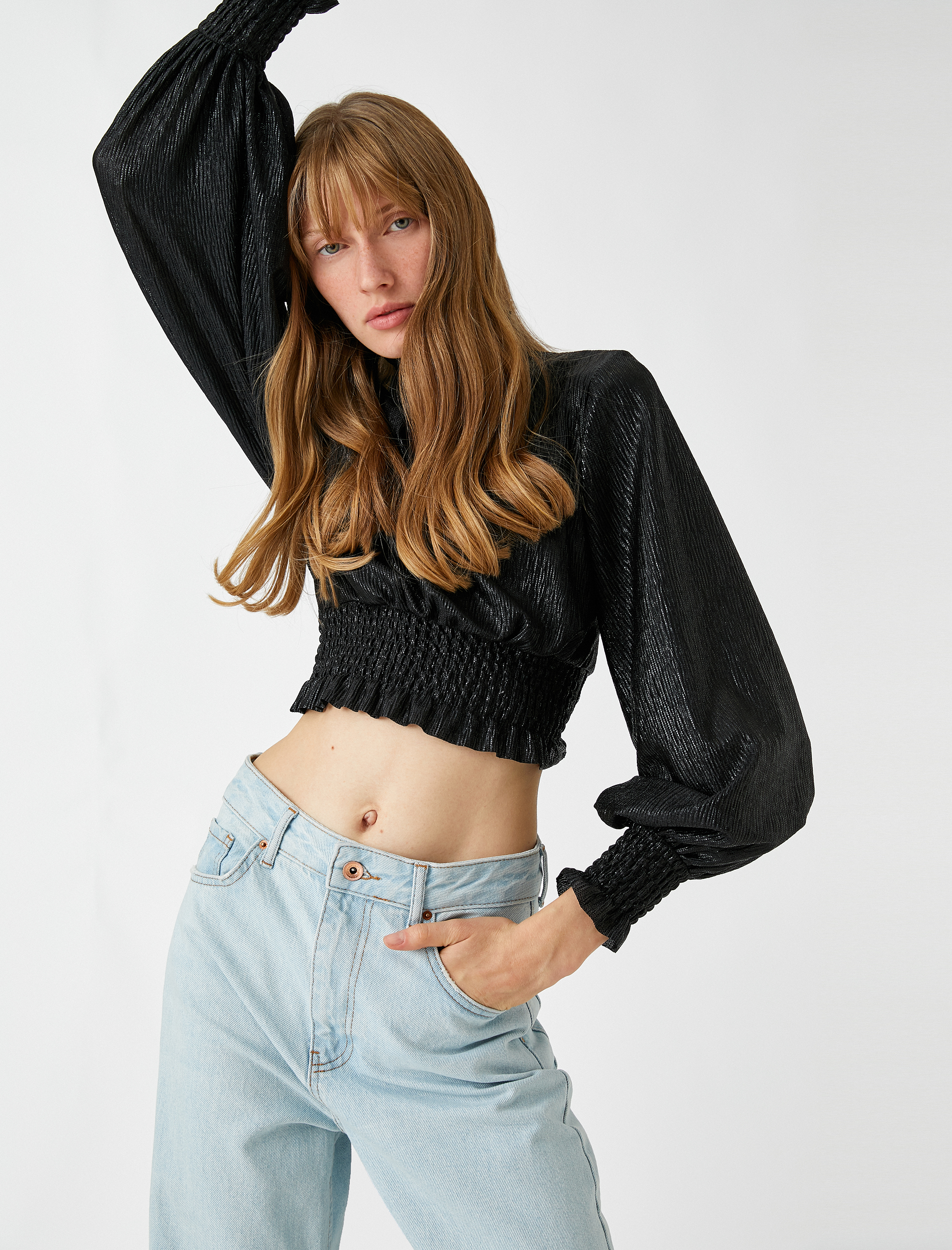   Işıltılı Crop Abiye Bluz Gipe Detaylı