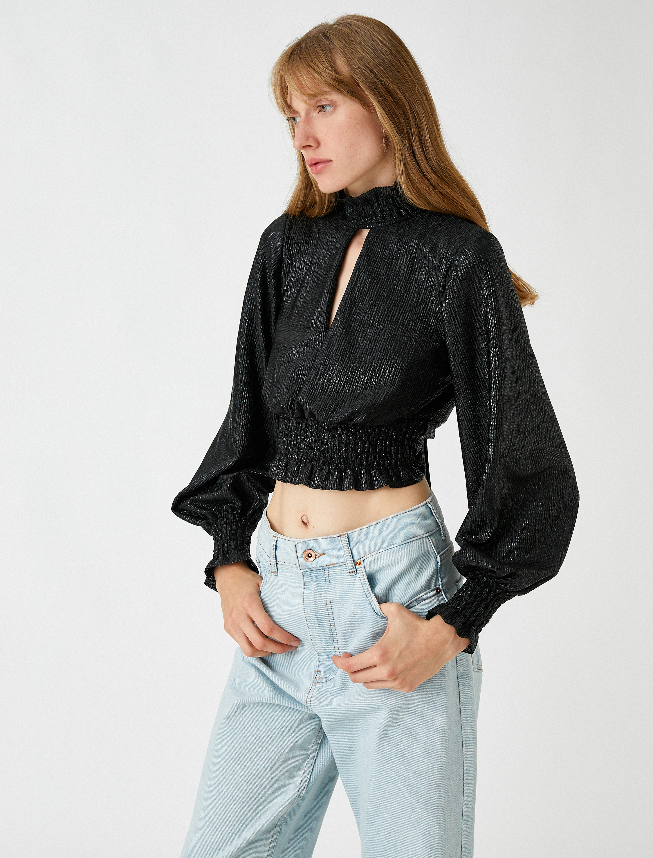   Işıltılı Crop Abiye Bluz Gipe Detaylı