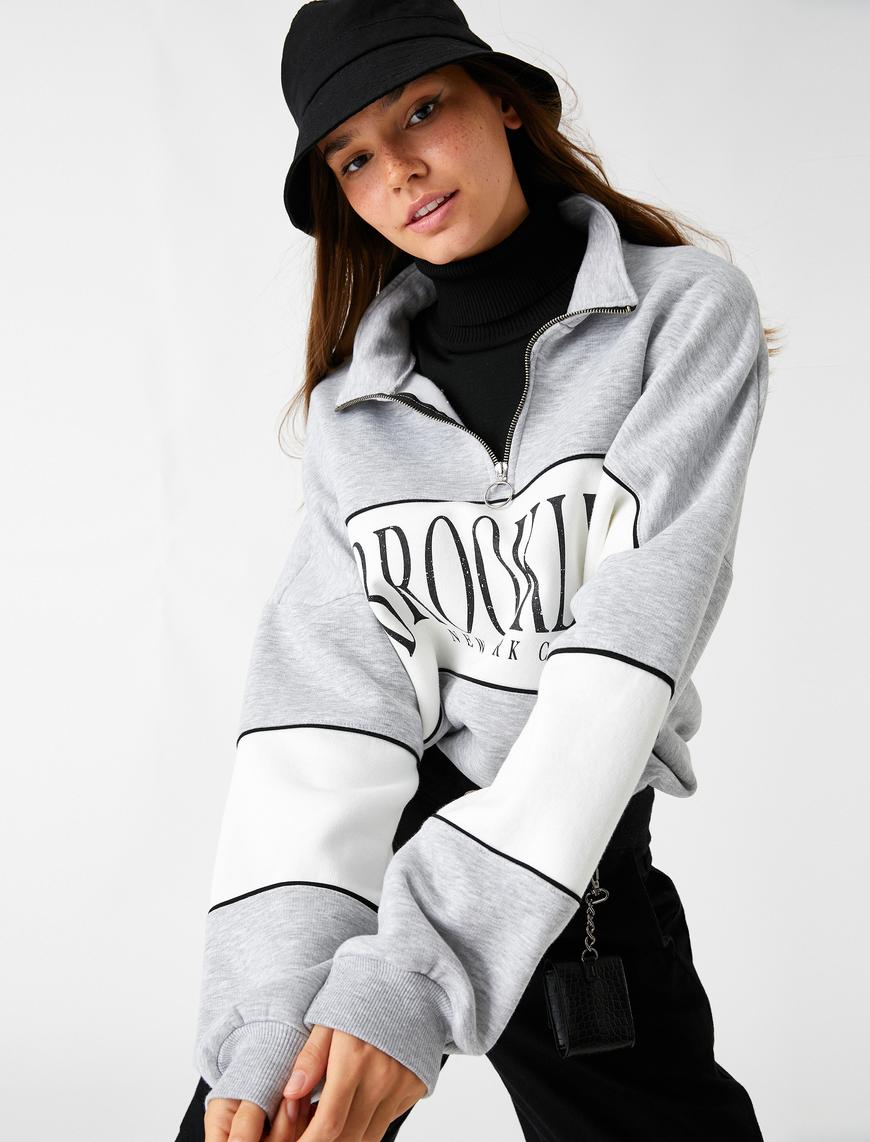   Oversize Sweatshirt Dik Yaka Fermuarlı İçi Polarlı