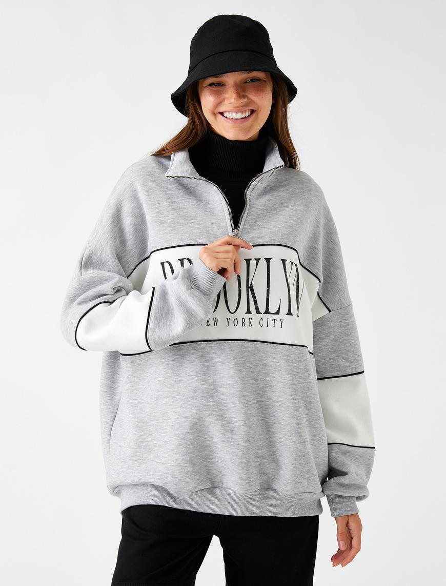   Oversize Sweatshirt Dik Yaka Fermuarlı İçi Polarlı