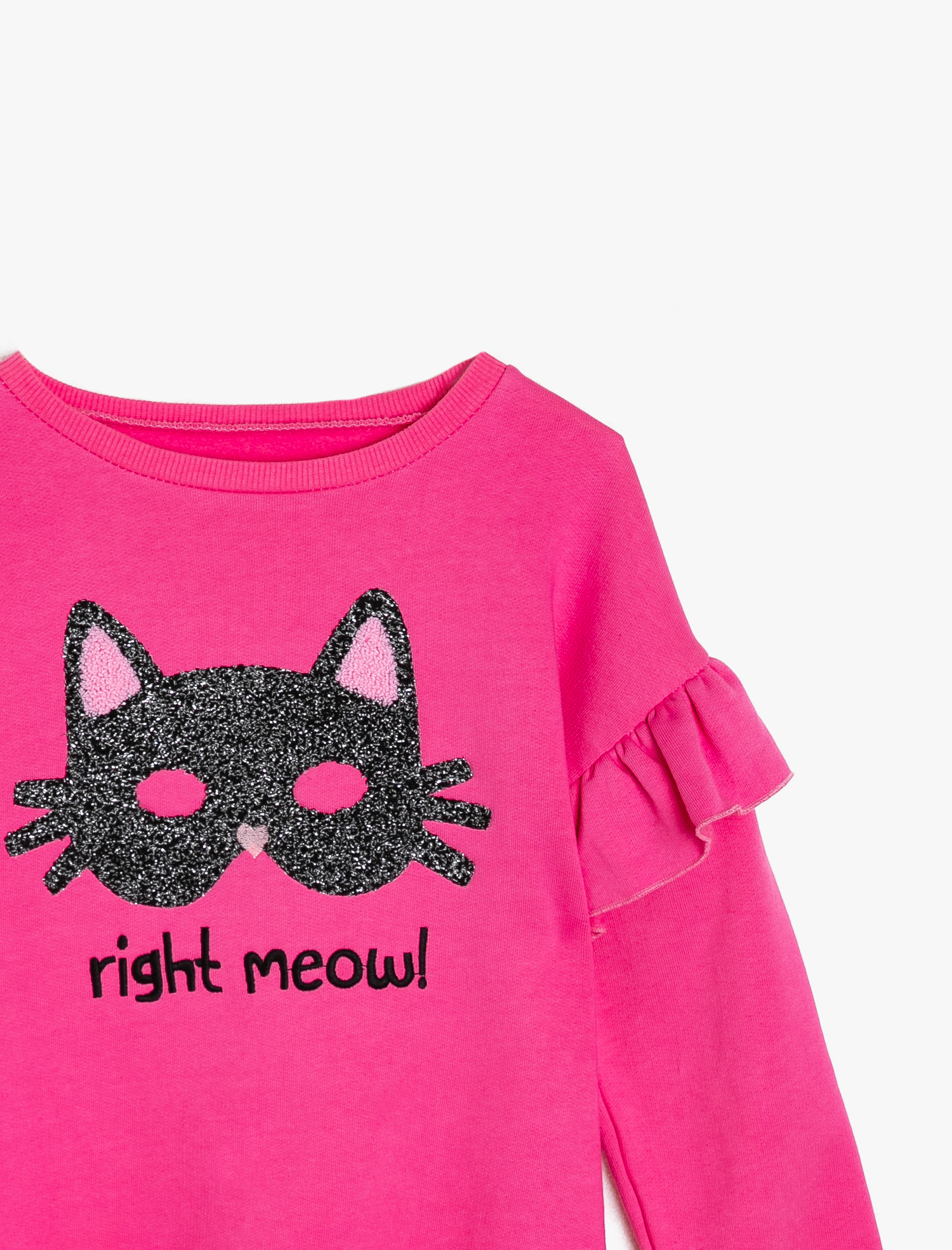 Kız Çocuk Fırfırlı Sweatshirt Kedi Baskılı