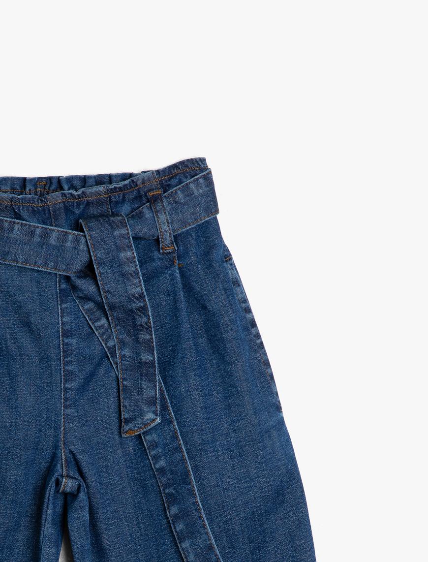  Kız Çocuk Kot Pantolon Kemer Detaylı Yüksek Bel Bol Paça - Wide Leg Jean