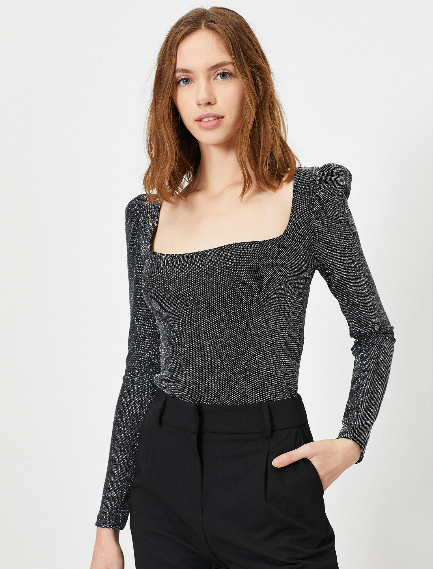   Simli Kare Yaka Karpuz Uzun Kollu Abiye Bluz