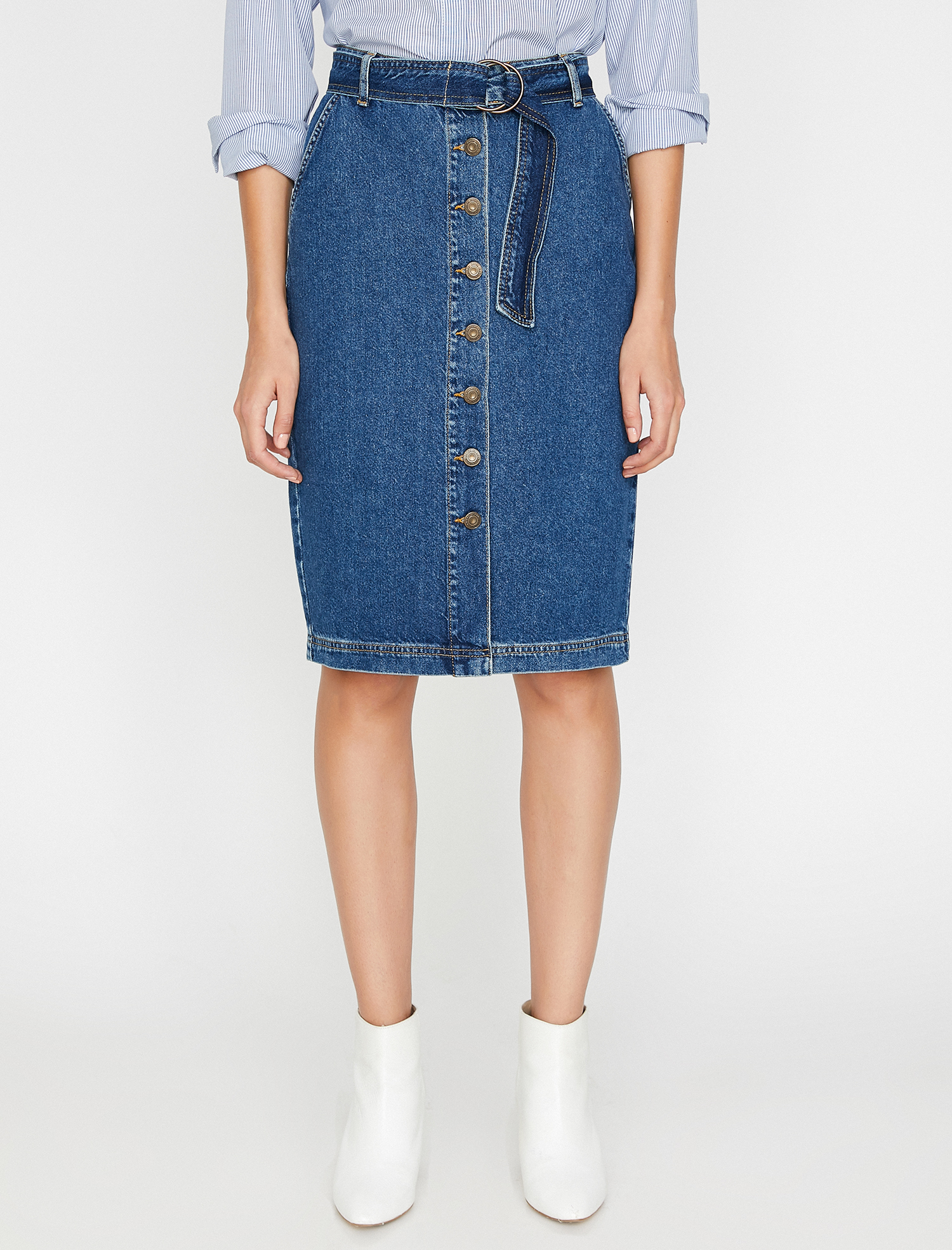   Kemer Detaylı Jean Etek