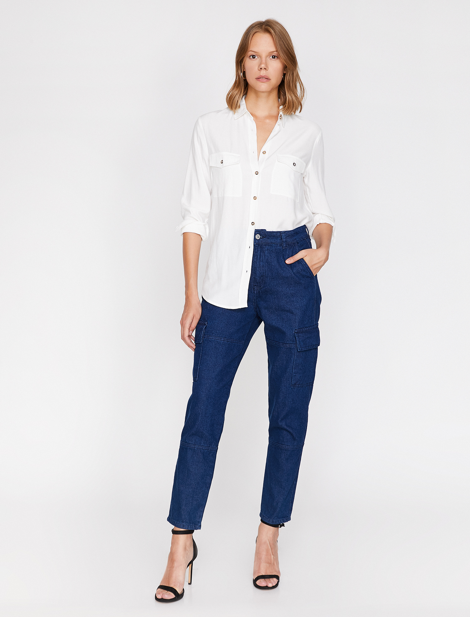   Cargo Jean - Yüksek Bel Rahat Kesim Kargo Cep Detaylı Pantolon