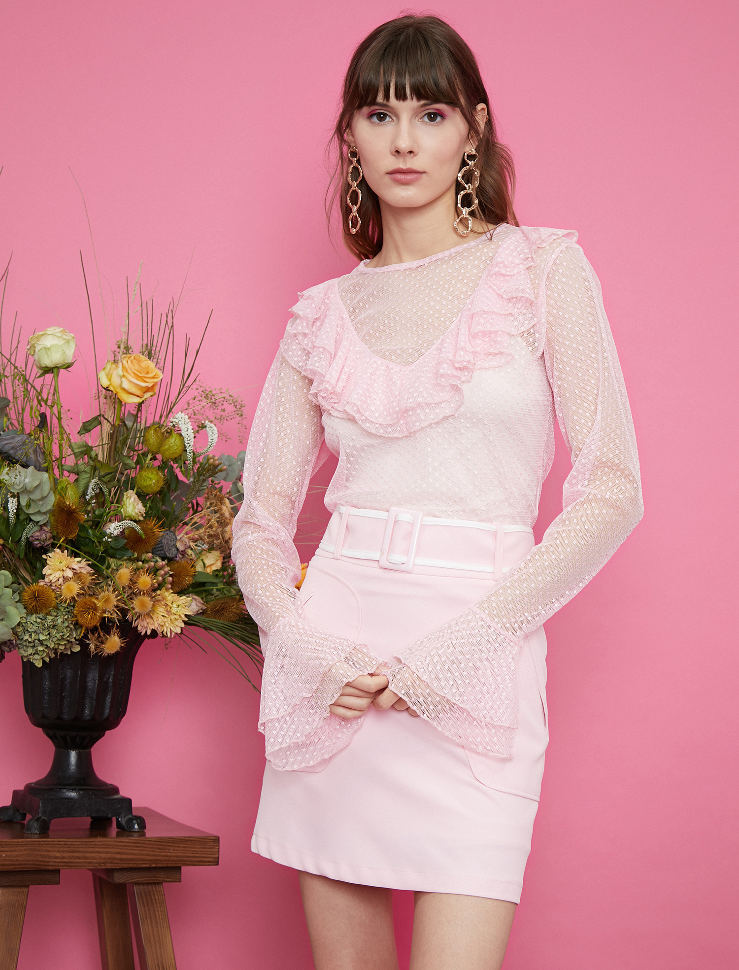   Tül Detaylı Tişört Uzun Kollu