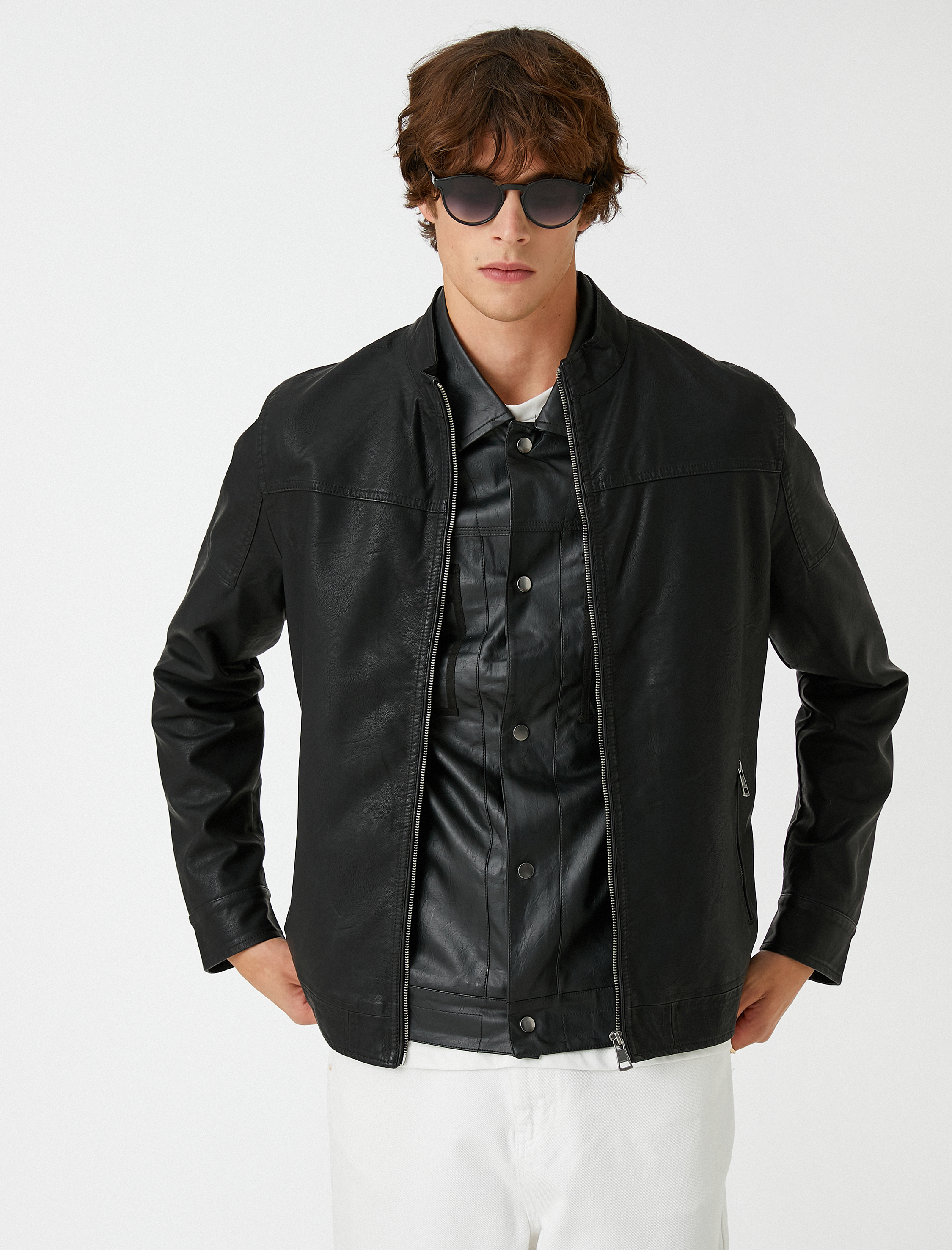   Deri Görünümlü Mont Dik Yaka Su Geçirmez