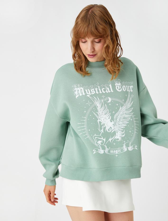  Bisiklet Yaka Sweatshirt Baskılı İçi Polarlı