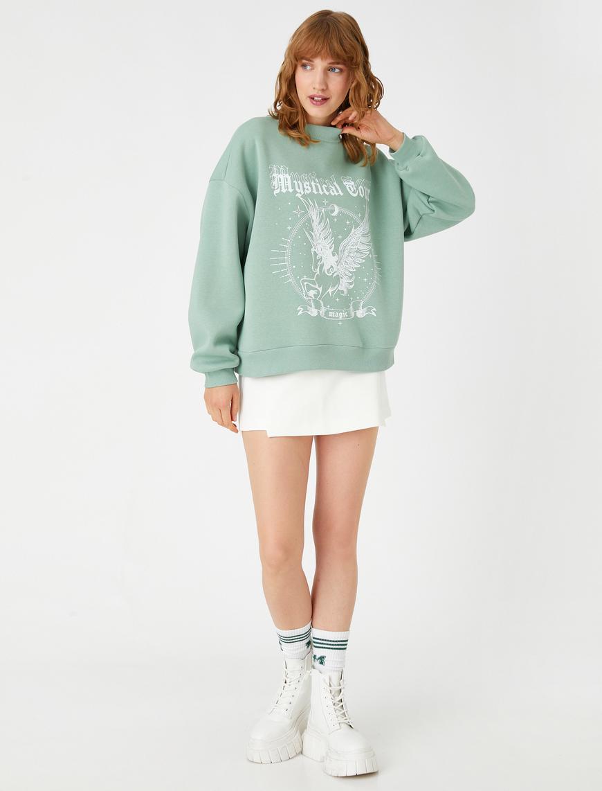   Bisiklet Yaka Sweatshirt Baskılı İçi Polarlı