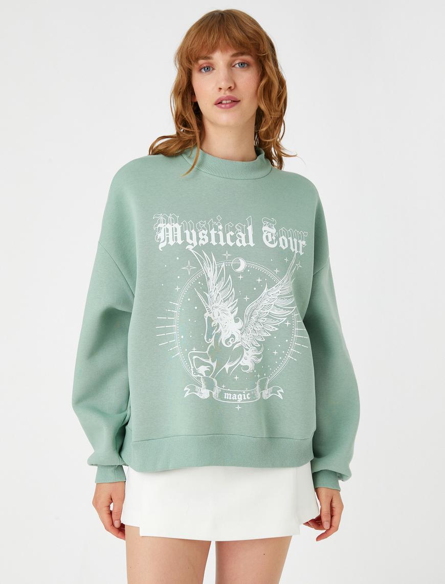   Bisiklet Yaka Sweatshirt Baskılı İçi Polarlı
