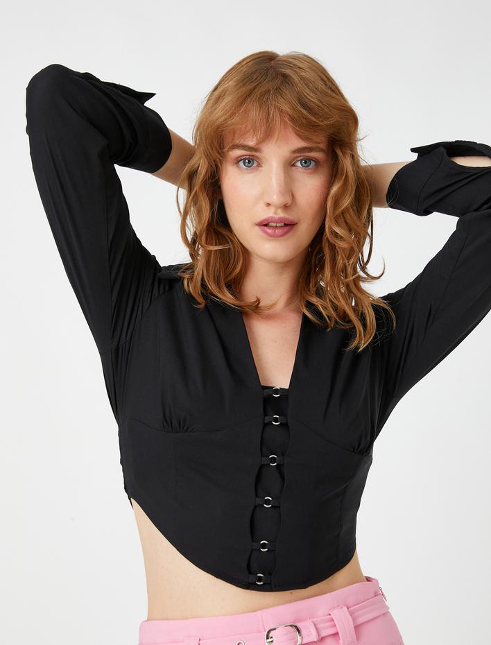  Crop Bluz Aksesuarlı Uzun Kollu