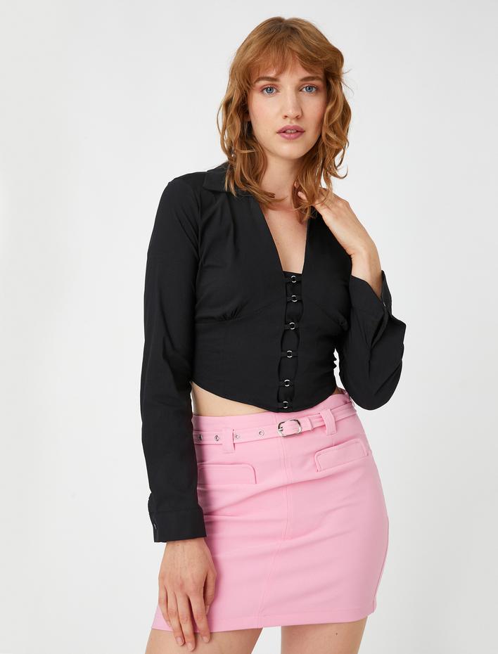  Crop Bluz Aksesuarlı Uzun Kollu