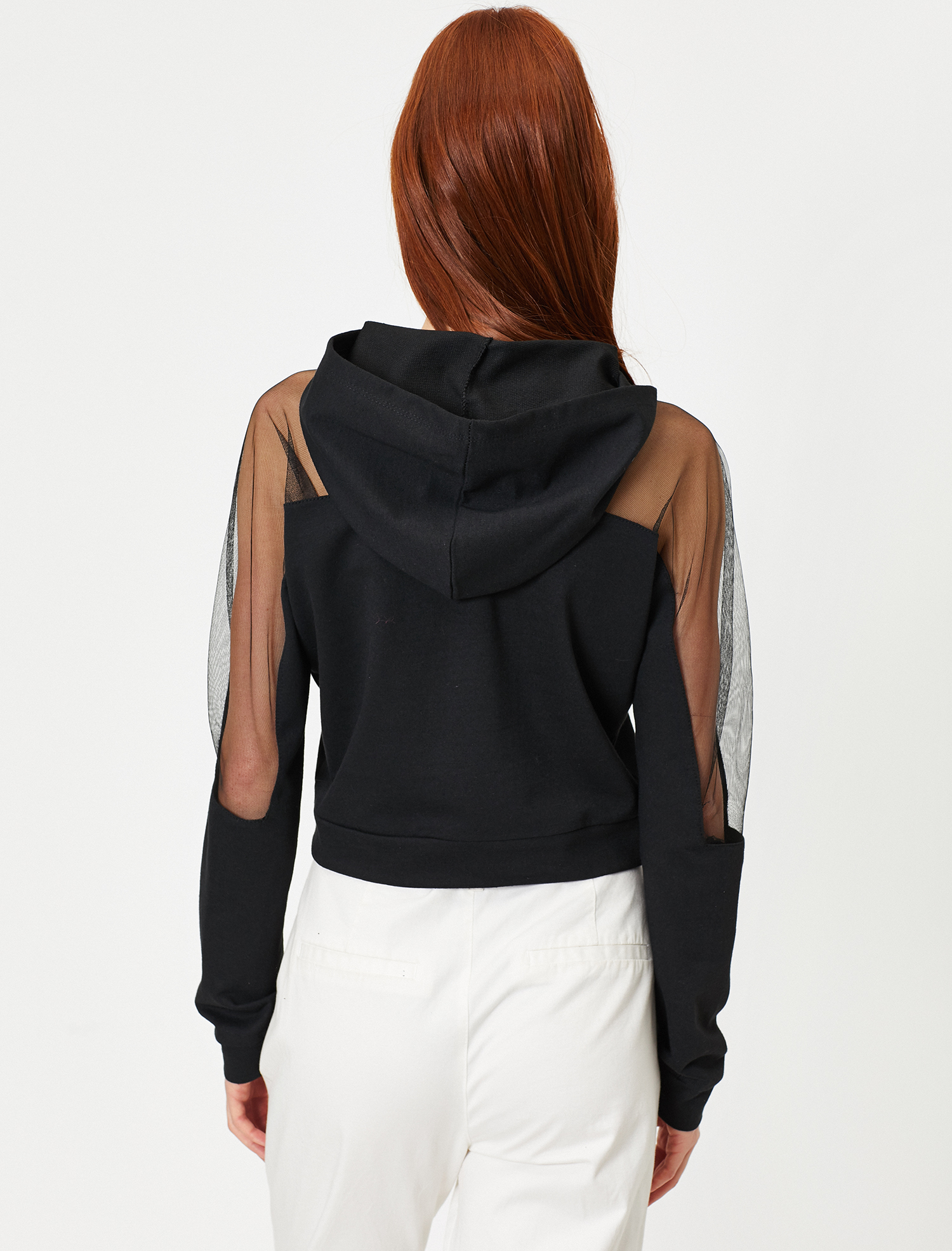   Kapüşonlu Tül Detaylı Uzun Kollu Sweatshirt