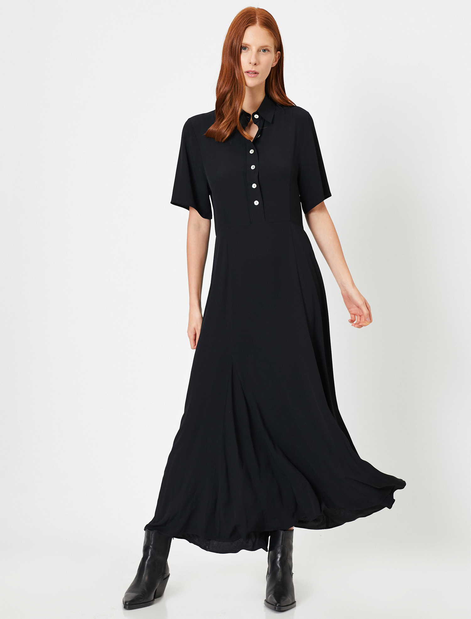   Gömlek Yaka Düğme Detaylı Kısa Kollu Uzun Elbise