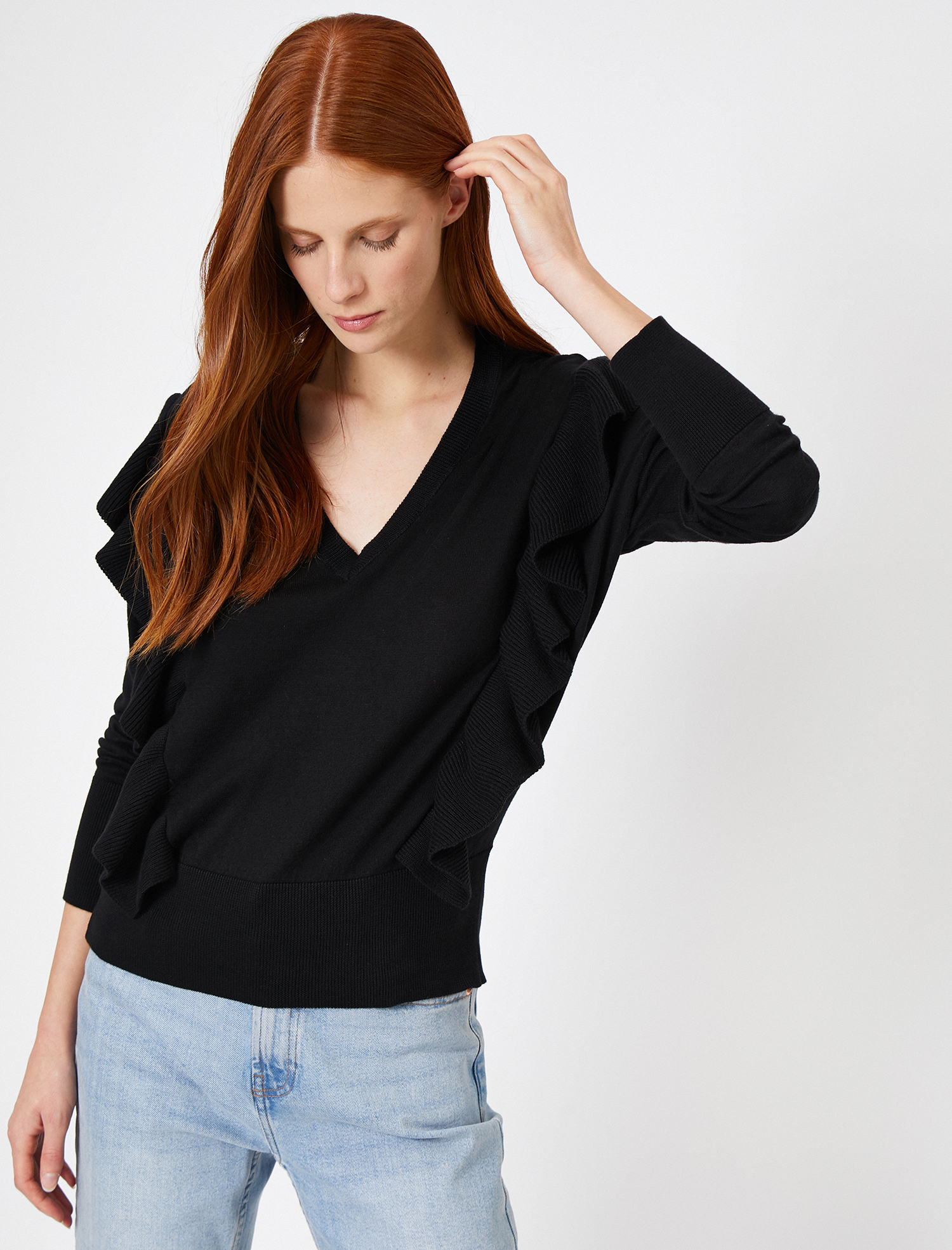   Fırfır Detaylı Triko Kazak