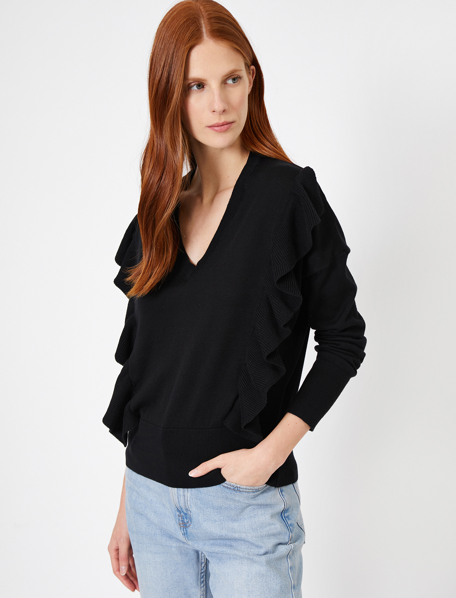   Fırfır Detaylı Triko Kazak