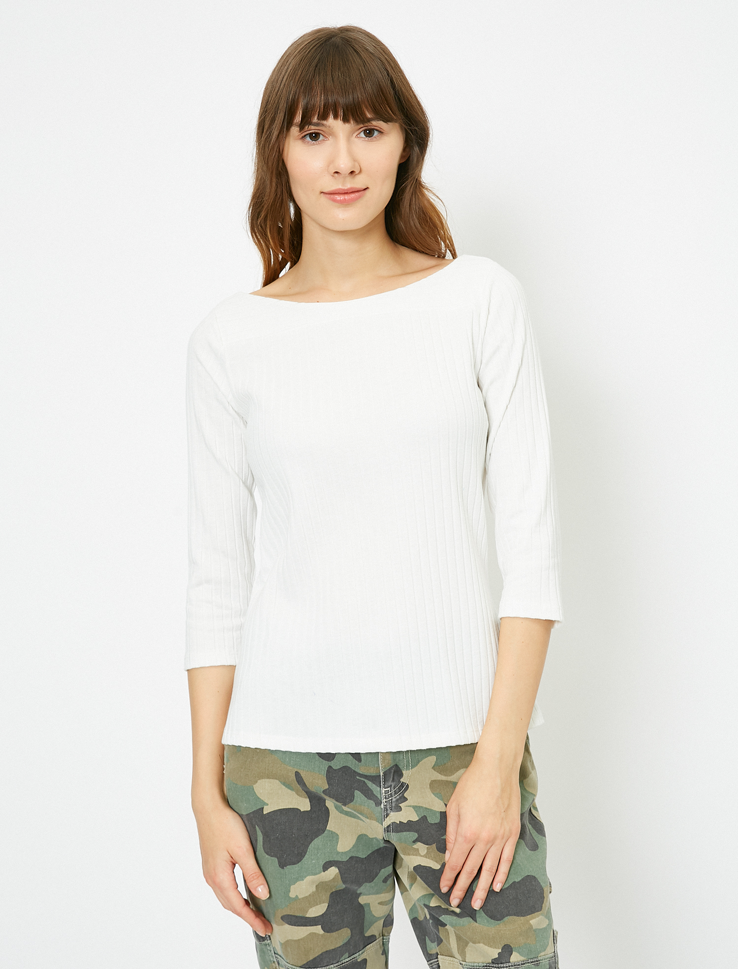   Uzun Kollu Tişört Çizgi Detaylı Kayık Yaka