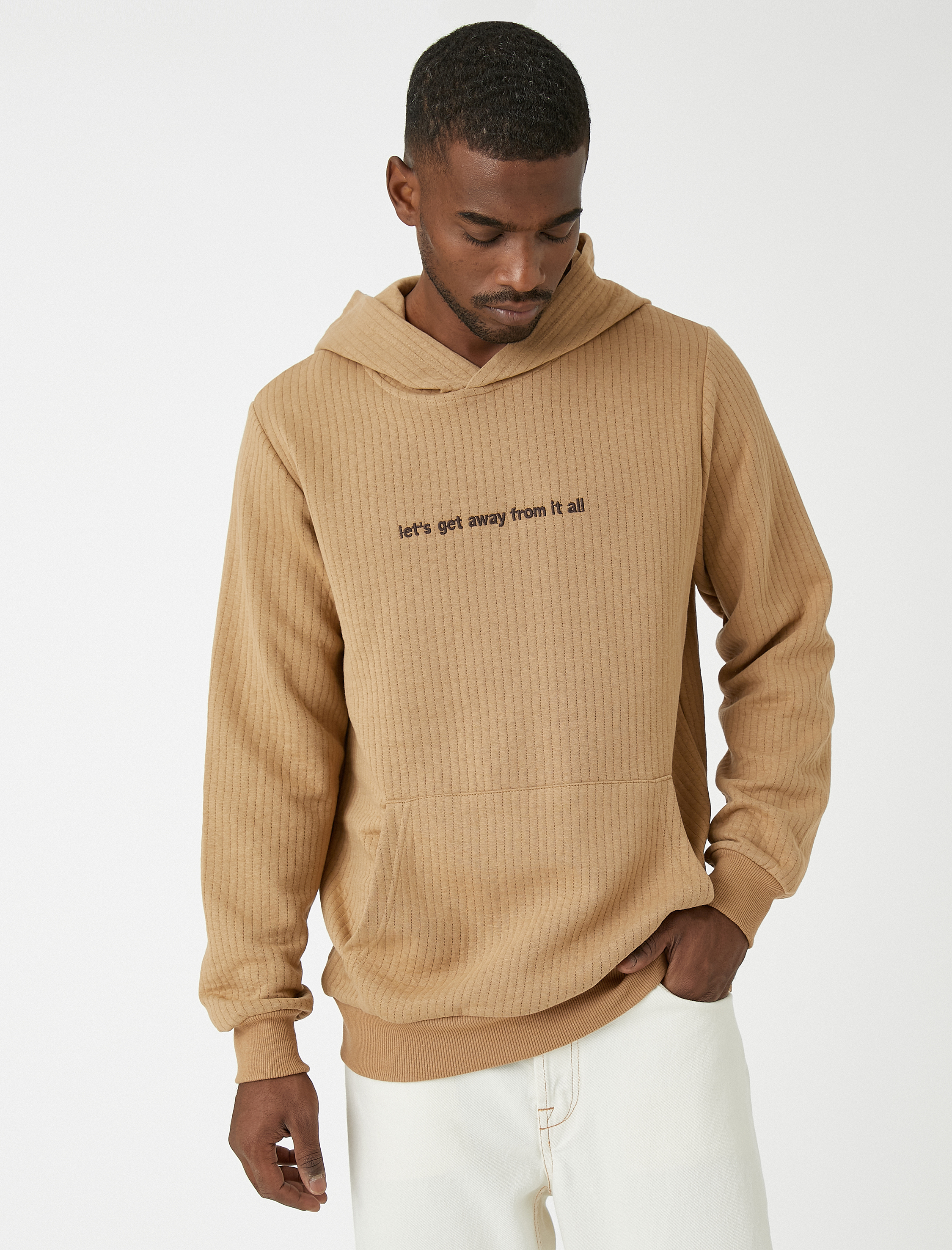 Slogan İşlemeli Sweatshirt Kapşonlu Cepli