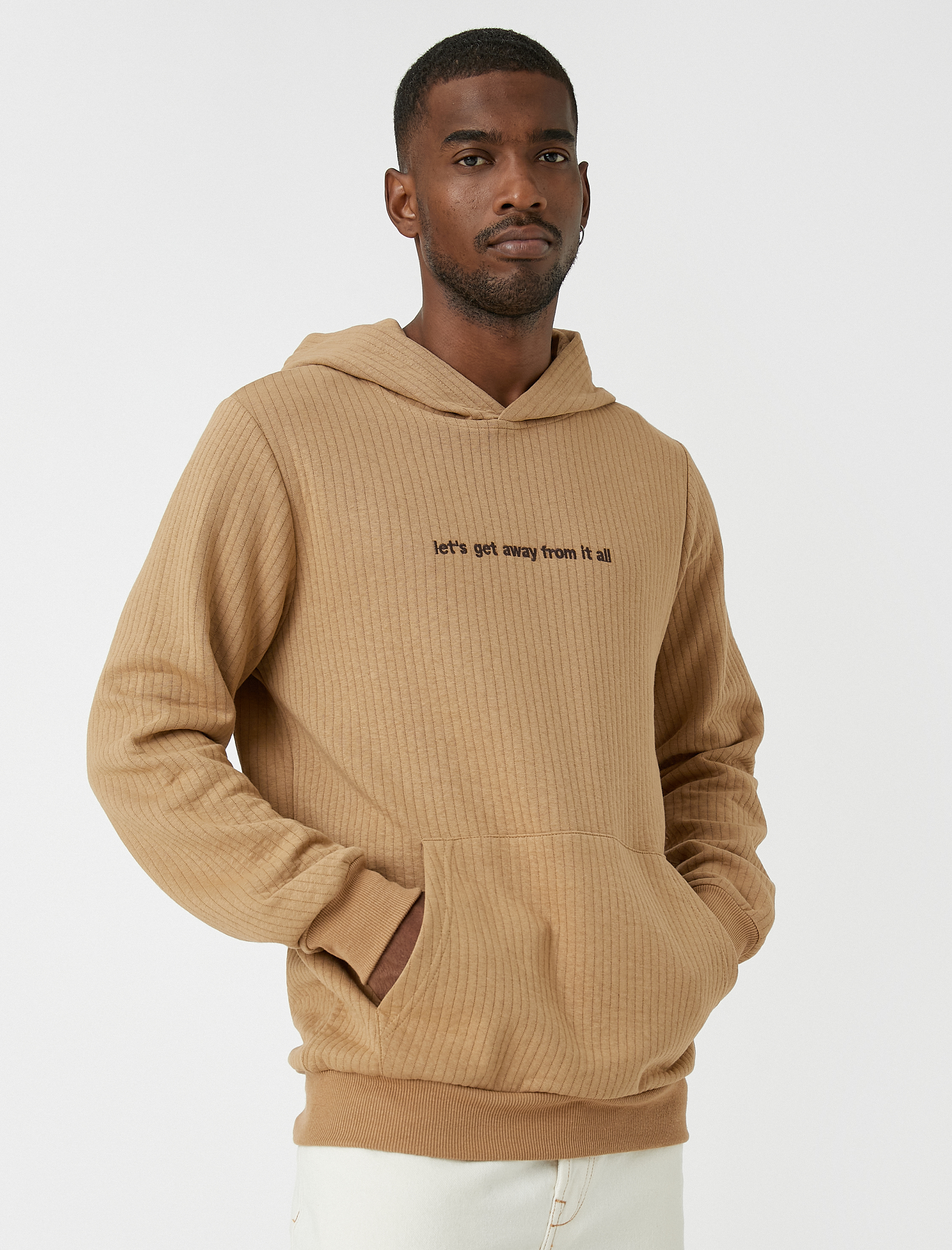 Slogan İşlemeli Sweatshirt Kapşonlu Cepli