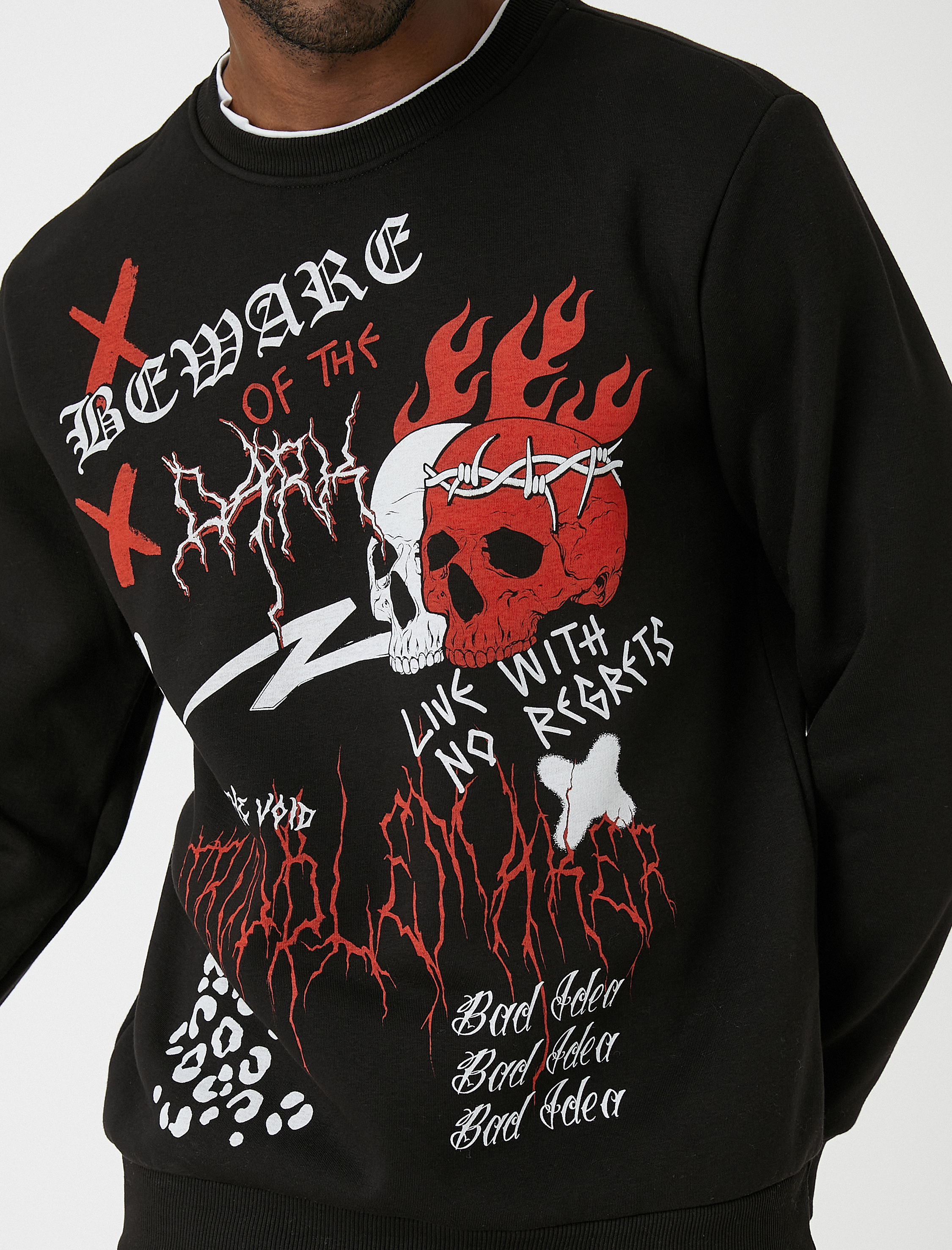   Kuru Kafa Baskılı Sweatshirt Bisiklet Yaka